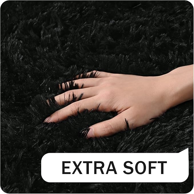 Amearea Shag Fluffy Area Rug for Bedroom Girls Living Room, Extra Soft and Fuzzy Shaggy Rugs, Non Slip, Solid Color Carpet Mat for Boys Nursery Home, Black 5x8 Feet