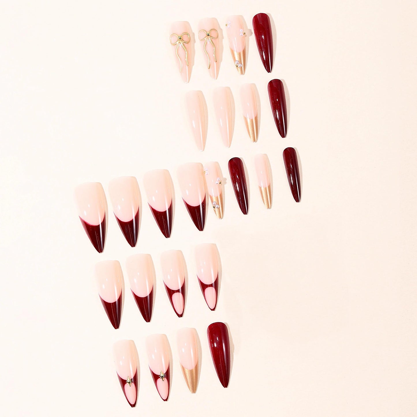 MERVF 24Pcs Long Stiletto Press on Red Gold French Tip Fake Nails with 3D Bow, Pearls Design Glue ons Acrylic Luxury Glossy Finish Manicure