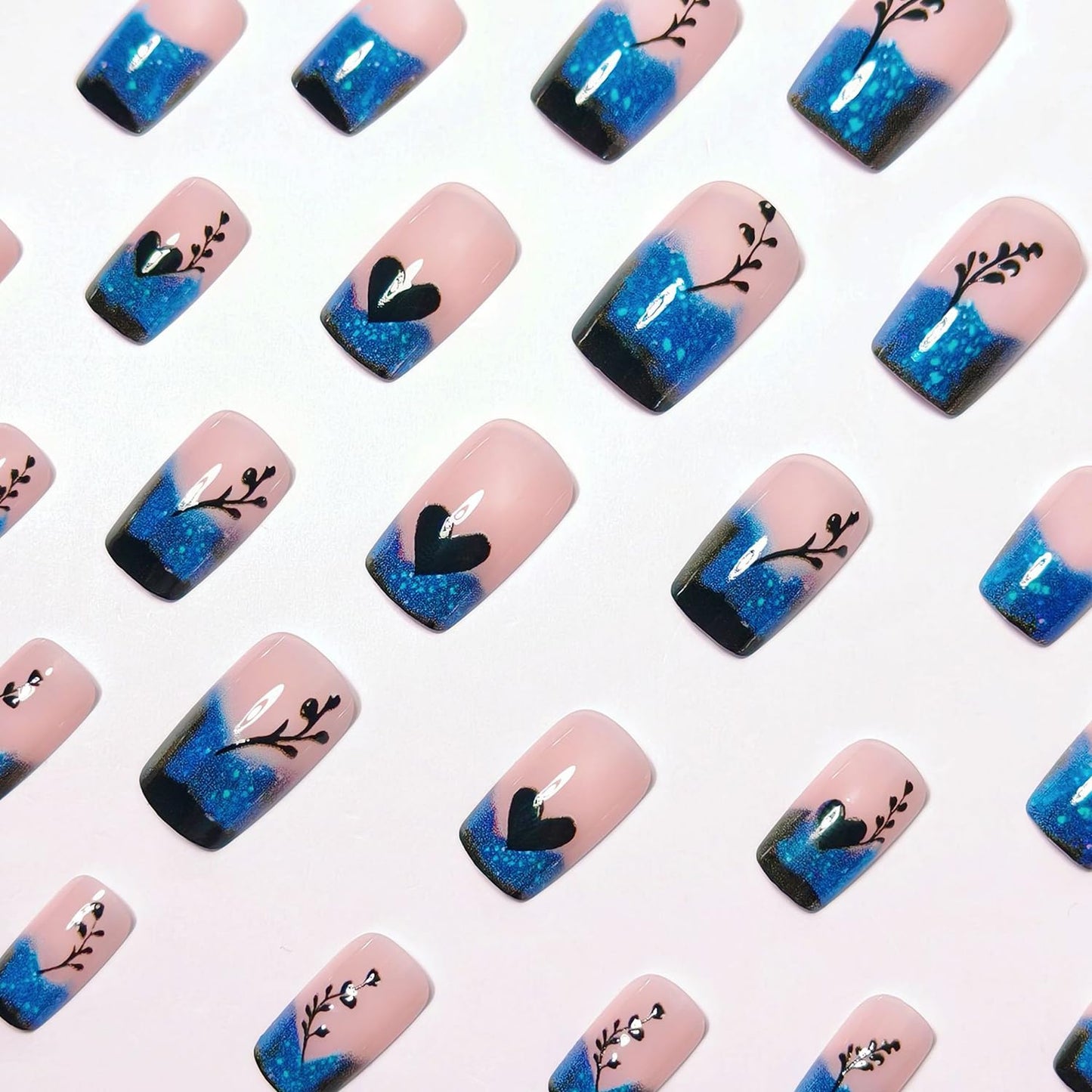 24 Pcs Blue Gradient French Tip Press on Nails Short Square Shaped False Nails Heart Love Pattern Designs Glitter Acrylic Fake Nails Full Cover Glossy Artificial Stick on Nail Women Nail Art DIY