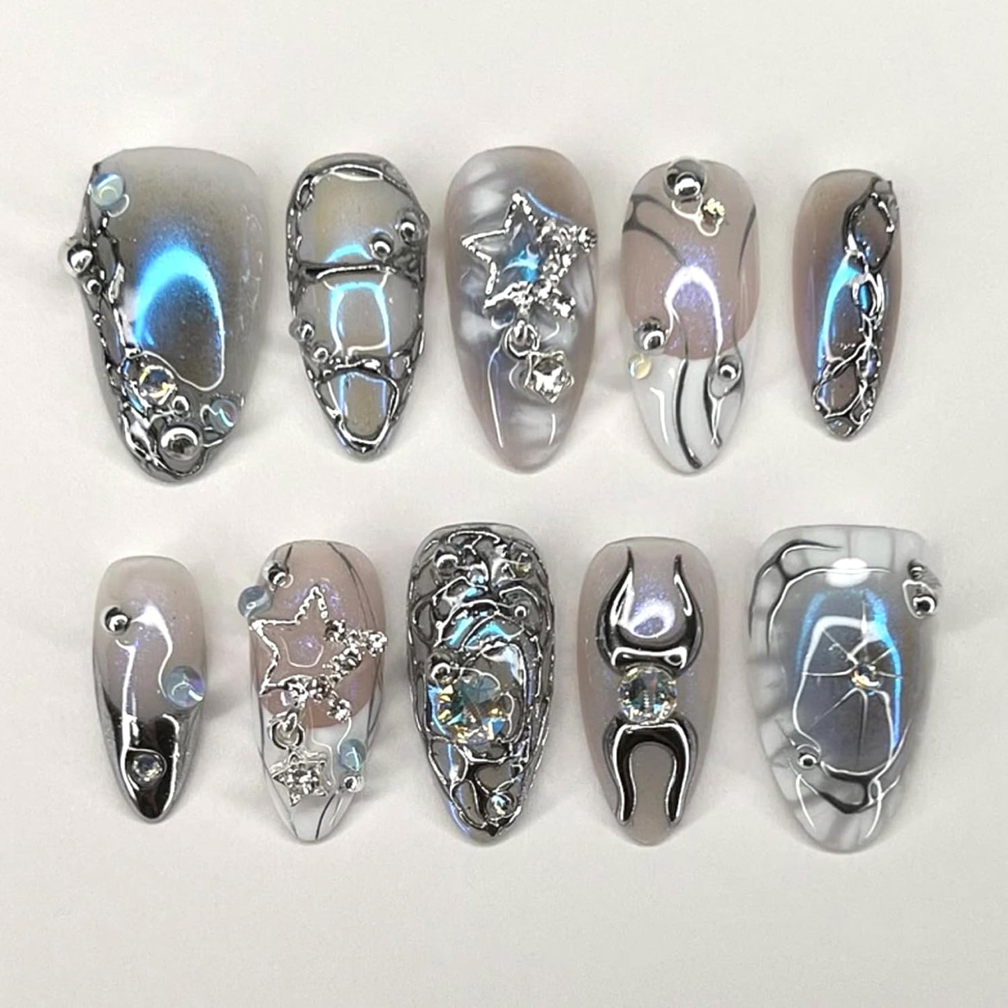 Gothic Chrome Press On Nails with Charms Medium Almond Fake Nails with French Silver 3D Star Art Tip lrregular Designs Handmade Goth Y2K False Nail Stick On Nails for Women 24Pcs