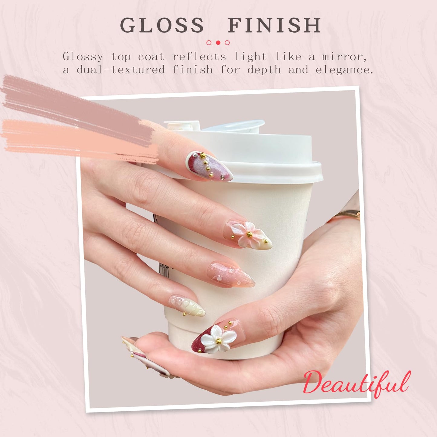 Luxury Press on Nails, Medium Almond 3D Handmade Nails, Reusable French Tip False Nails, Pink Flower Metal, Thick Acrylic ABS Nail Art (10PCS-S)