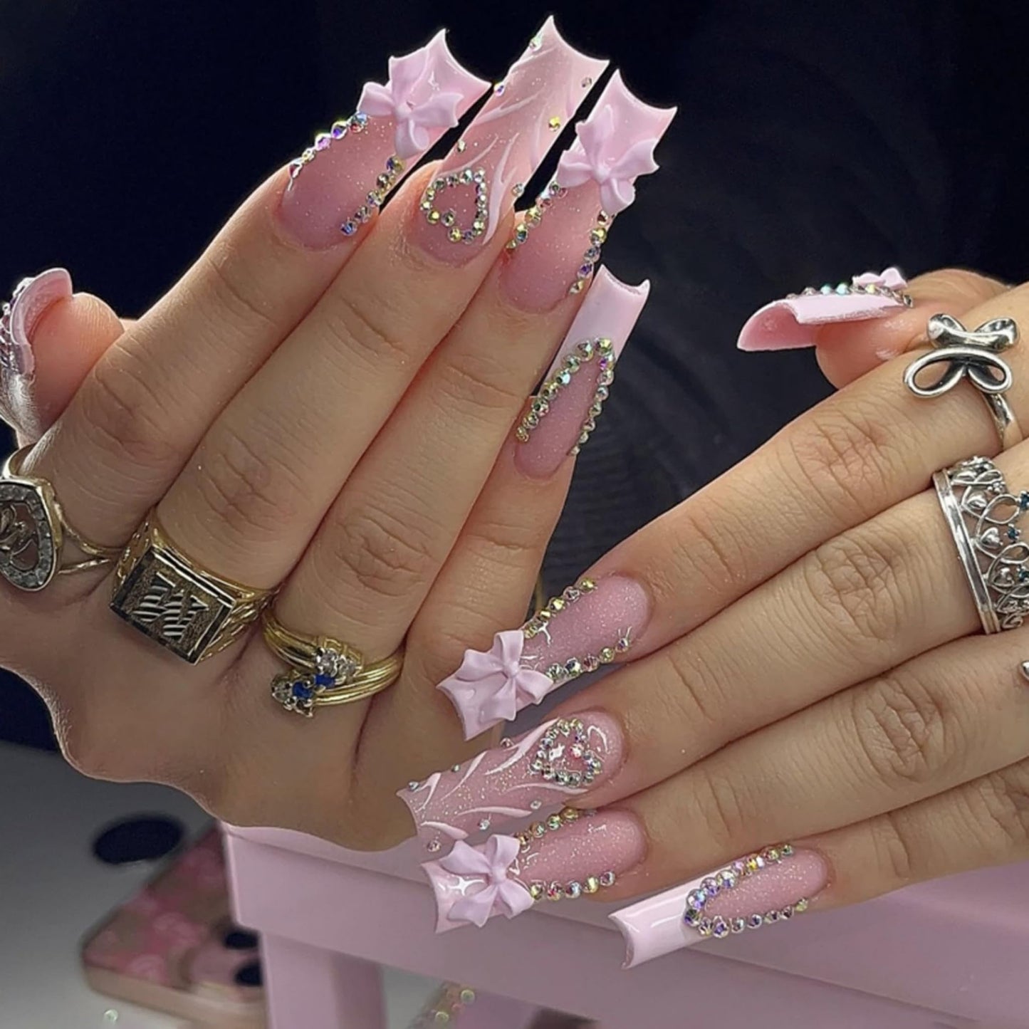 Long Press on Nails Square Fake Nails Pink Artificial Nail Seeneey Rhinestones Love Designs Bow Cute Stick on Nail for Women 24pcs