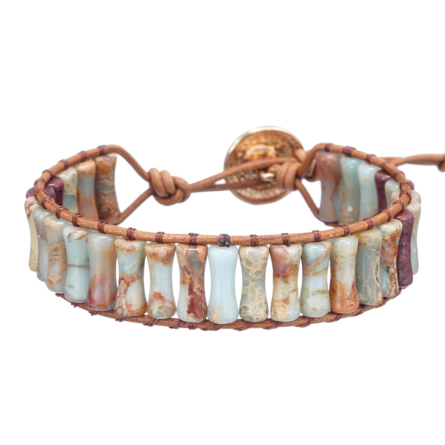 Plumiss Handmade Natural Agalmatolite Stone Bracelet for Men Women - Boho Leather Wristband with Adjustable Drawstring Closure, Unique Earthy Tones Healing Crystal Jewelry for Casual Wear & Gifting