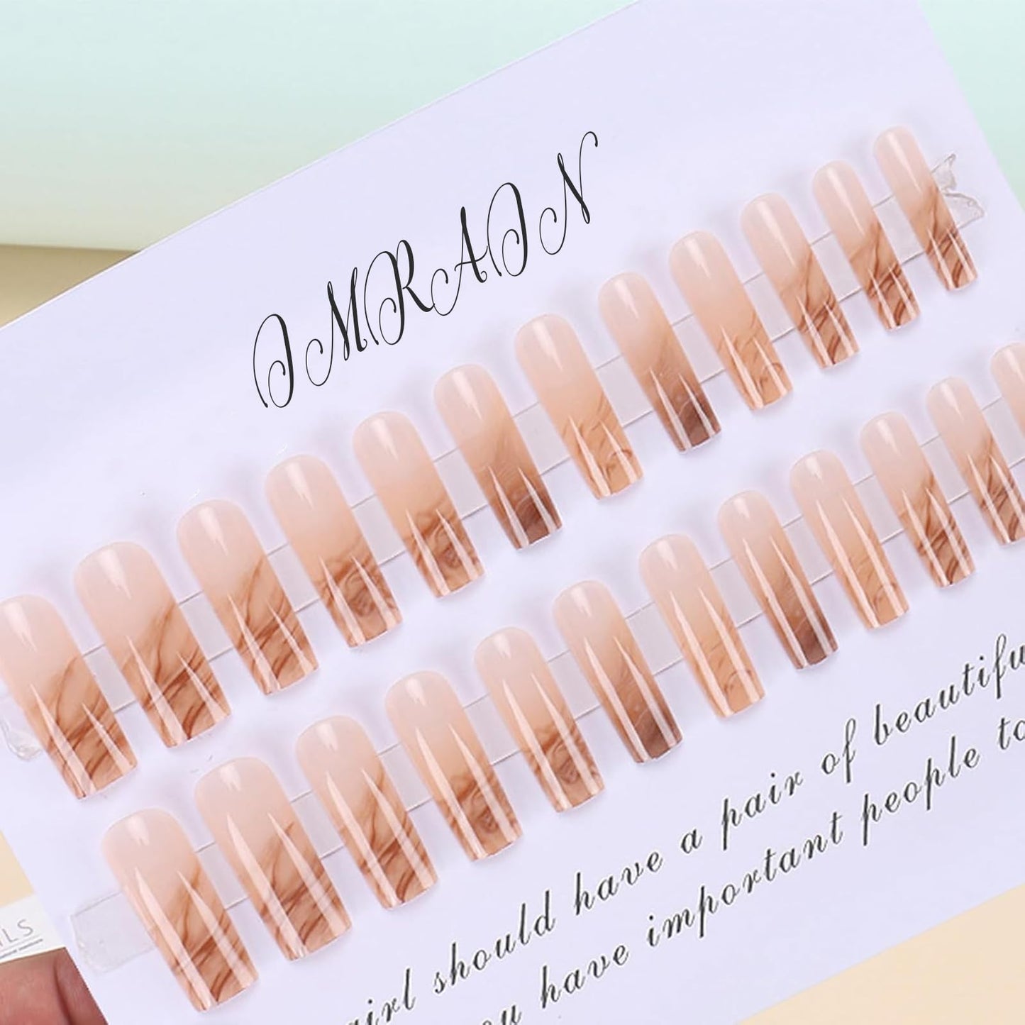 IMRAIN Press On Nails - Long Square Brown Marble Gradient False Nails, Glossy Glue On, Artificial Squoval Nude Fake Nails, Full Cover Acrylic Gel, Stick On, 24 Pcs