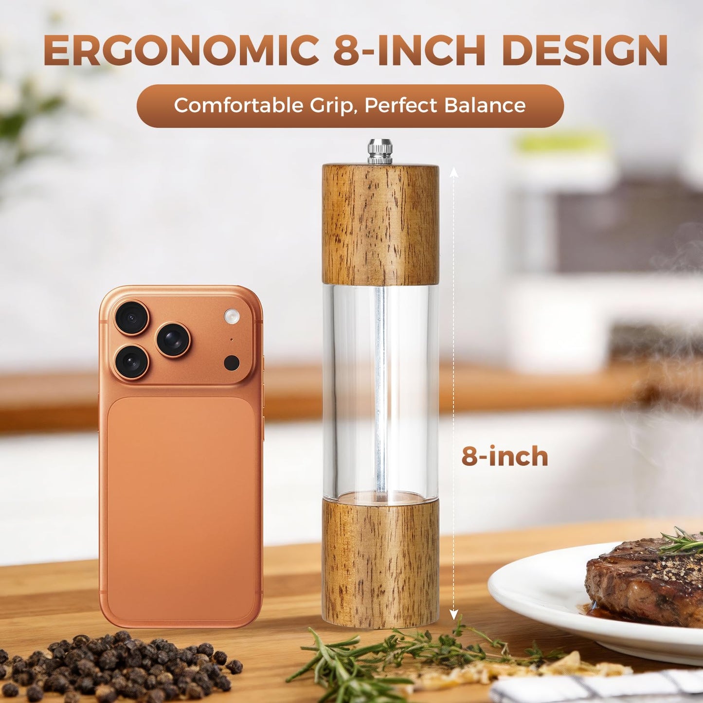 JTGILKFR 2-Pack Wooden Salt and Pepper Grinder Set - 8 Inch Manual Adjustable Ceramic Grinding, Refillable Acrylic Salt and Pepper Grinder Set, Custom Coarse to Fine Settings, for Home Dining & Gifts