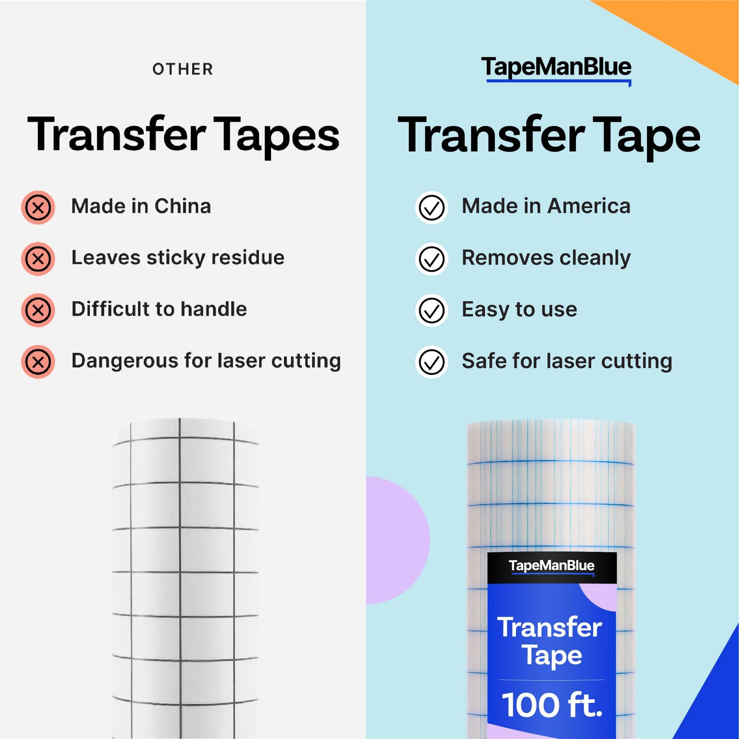 TapeManBlue Clear Transfer Tape for Vinyl, 12" x 100' Roll with Grid, Premium Vinyl Transfer Tape for Crafts, Decals, and Letters