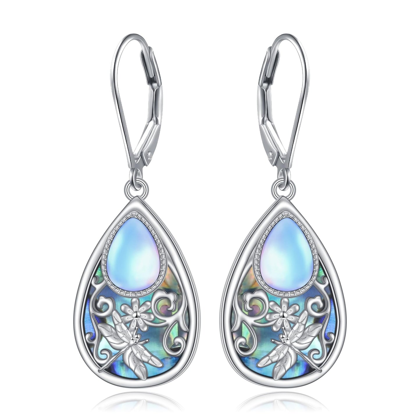 SHAOAN 925 Sterling Silver Dragonfly Moonstone Dangle Drop Earrings Abalone Shell Leverback Teardrop Earring Jewelry Gifts for Women