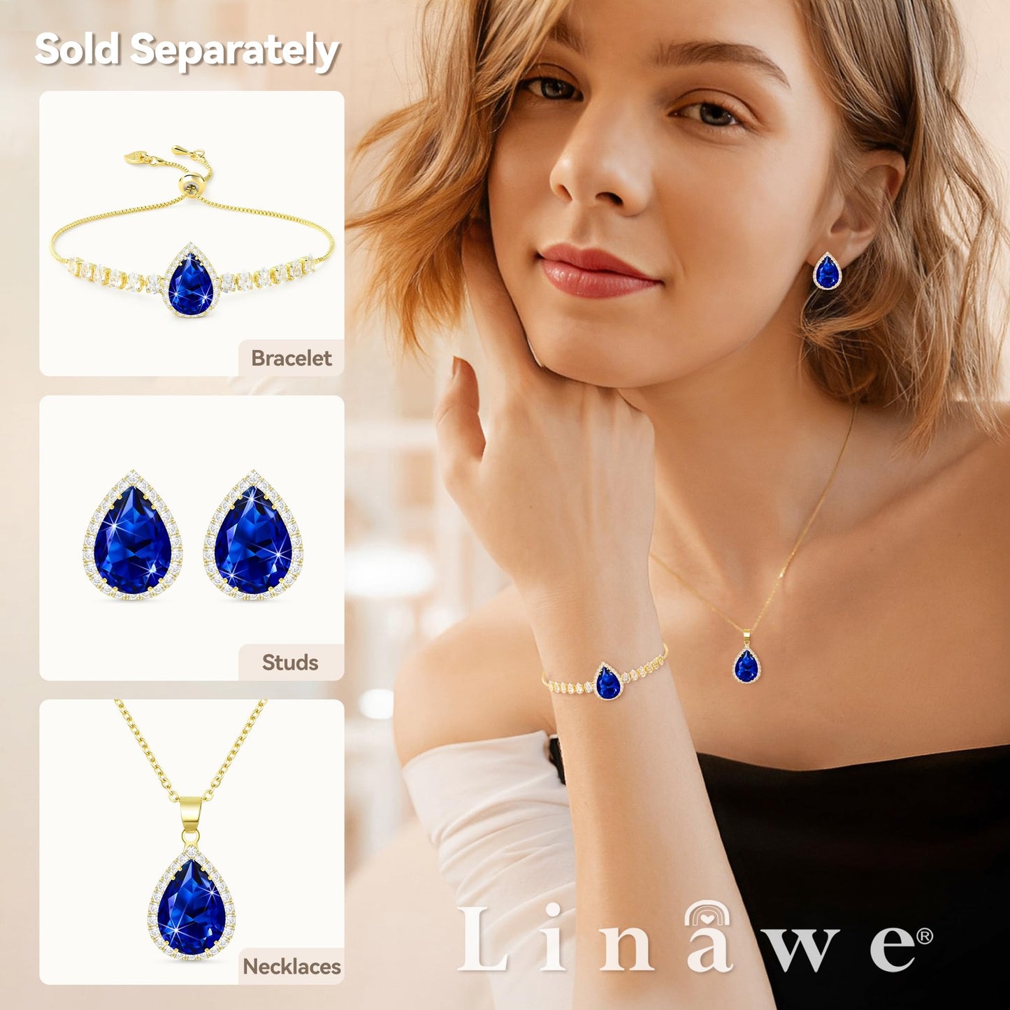 Linawe Imitation Diamond Earrings for Women, Gold Aquamarine Cubic Zirconia Sapphire Royal Blue Stud Earrings, Navy Blue Teardrop Statement Rhinestone Earrings Studs