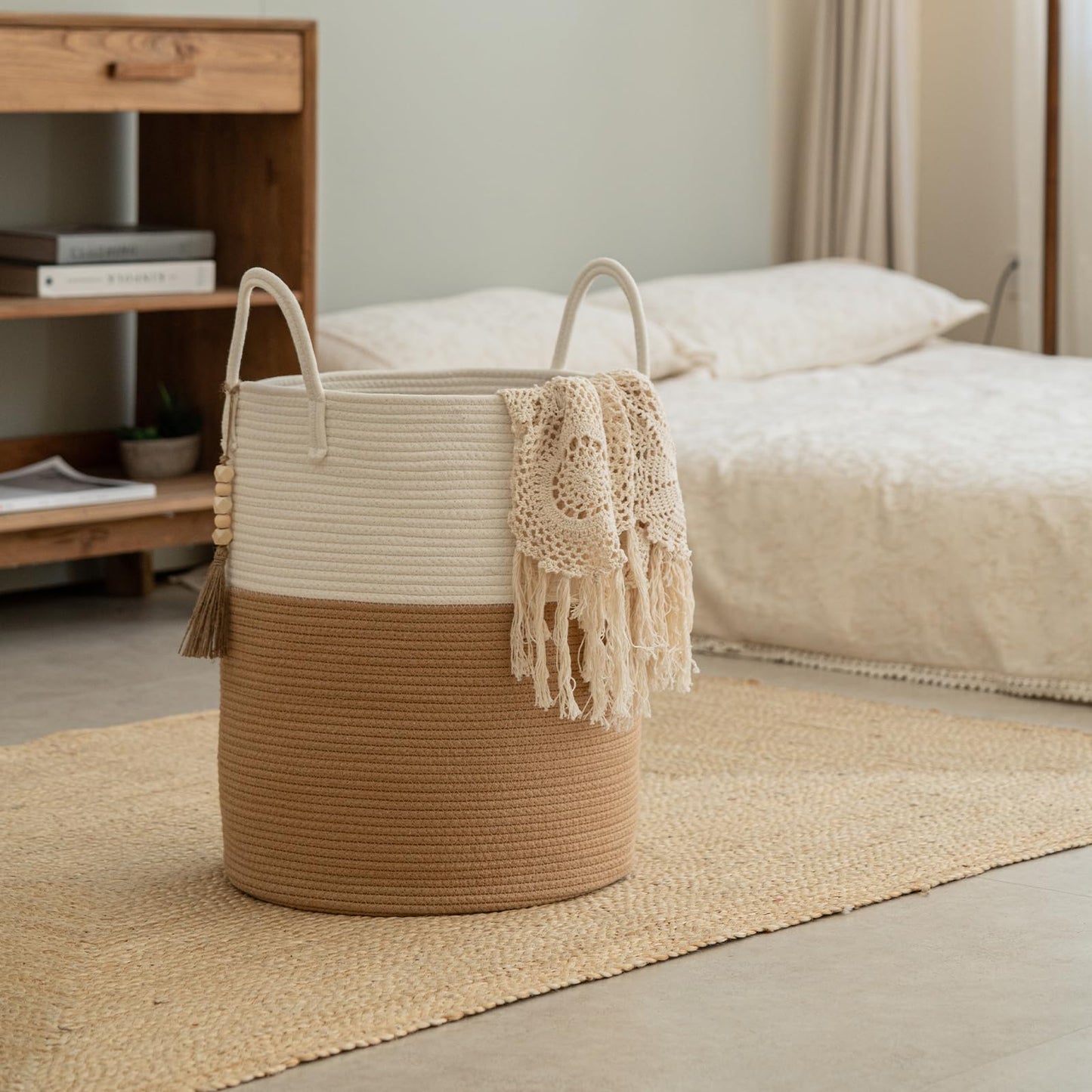 MANYOND Blanket Basket 58L, Woven Laundry Hamper Tall Laundry Basket with Boho Wooden Tassels, Large Cotton Rope Storage Basket for Blankets Pillows Toys, Living Room Nursery Bedroom Decor