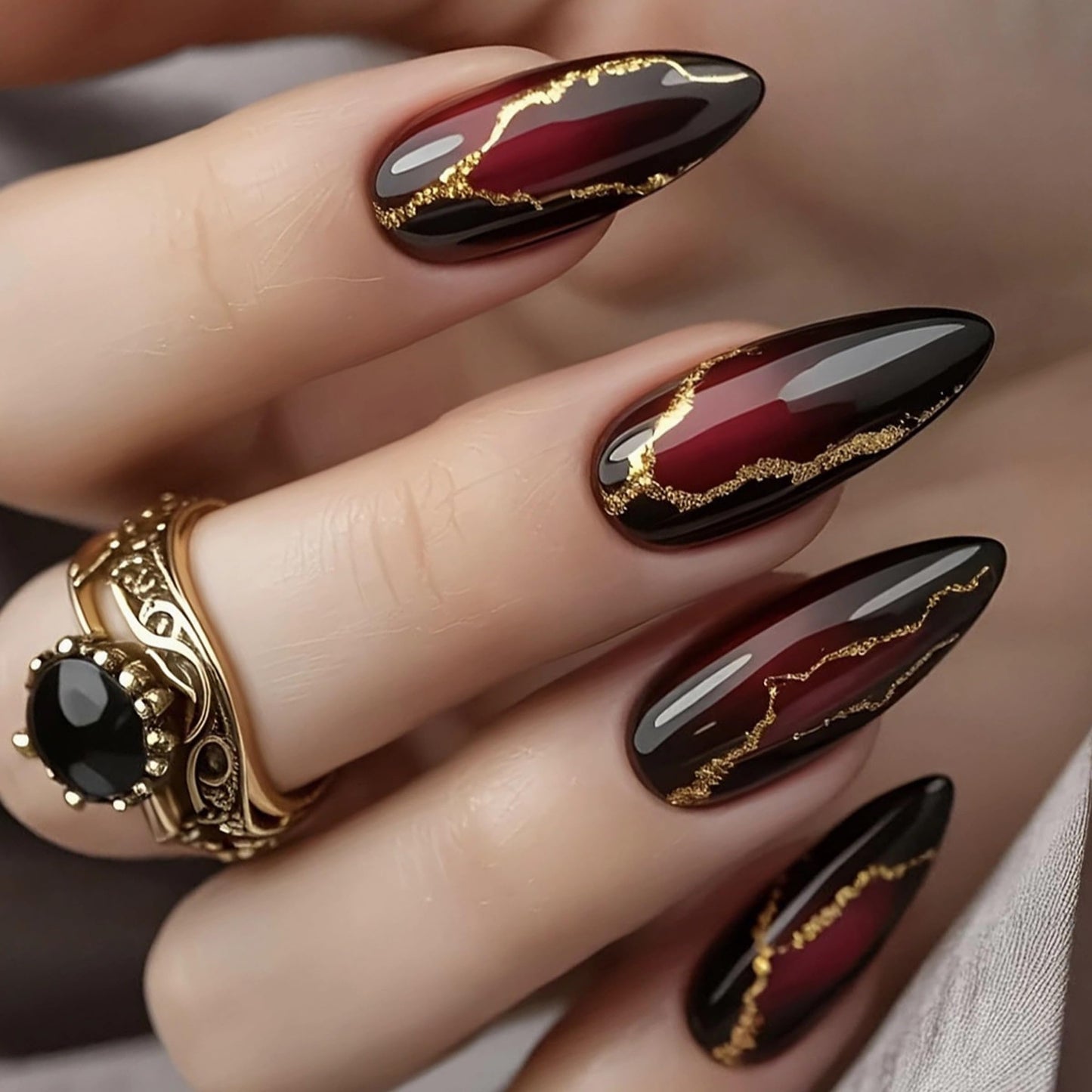 MERVF Press on Nails Medium Almond, Black Fake Nails Red Gradient Glue ons Gold Glitter Lines Design Goth Acrylic Nail Glossy 24pcs