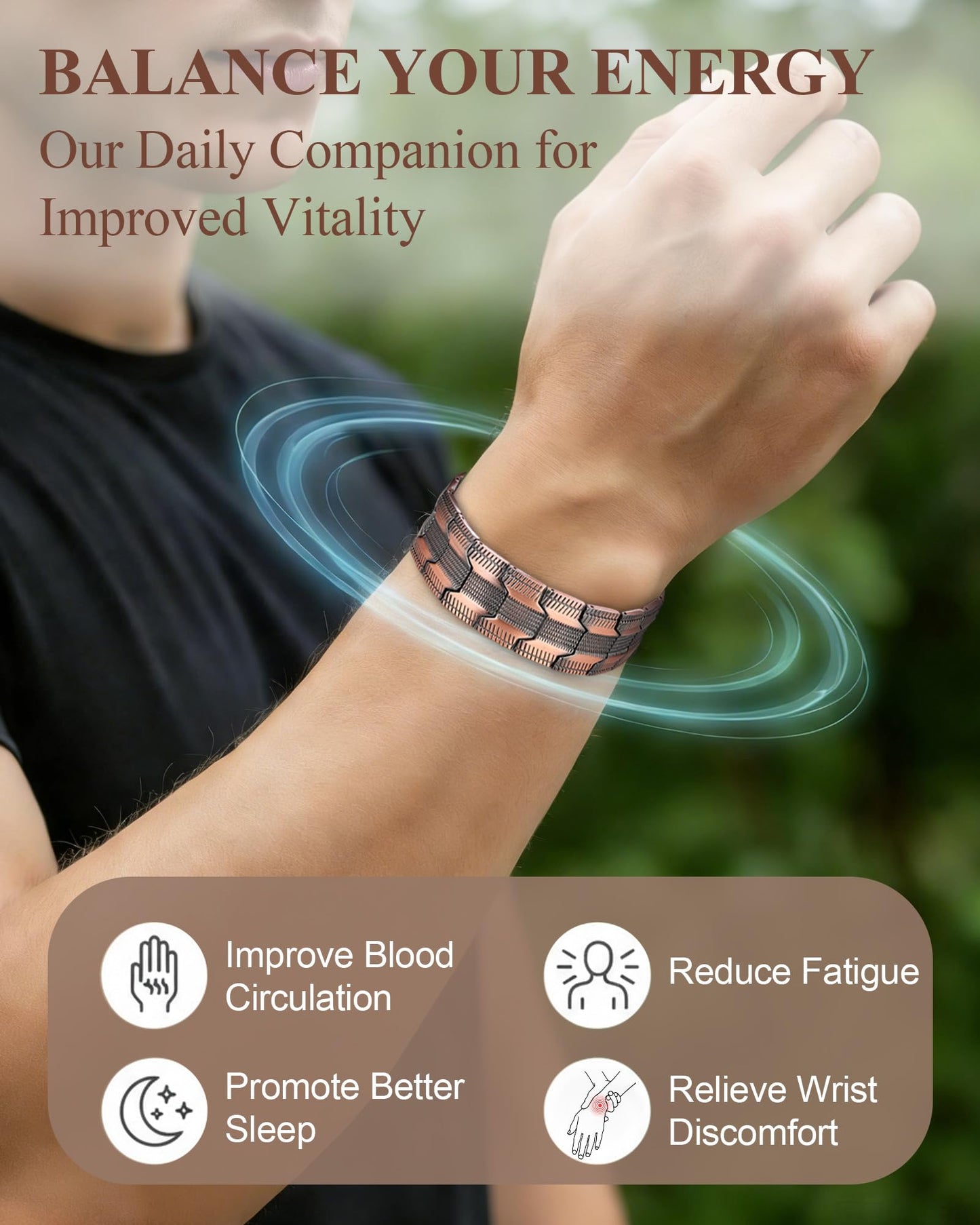 MagnetNova Ultra Strength Magnetic Bracelets for Men, 99.99% Pure Copper Bracelet with 5000 Gauss Magnets, Adjustable Size with Sizing Tool & Gift Box (Copper-21mm)