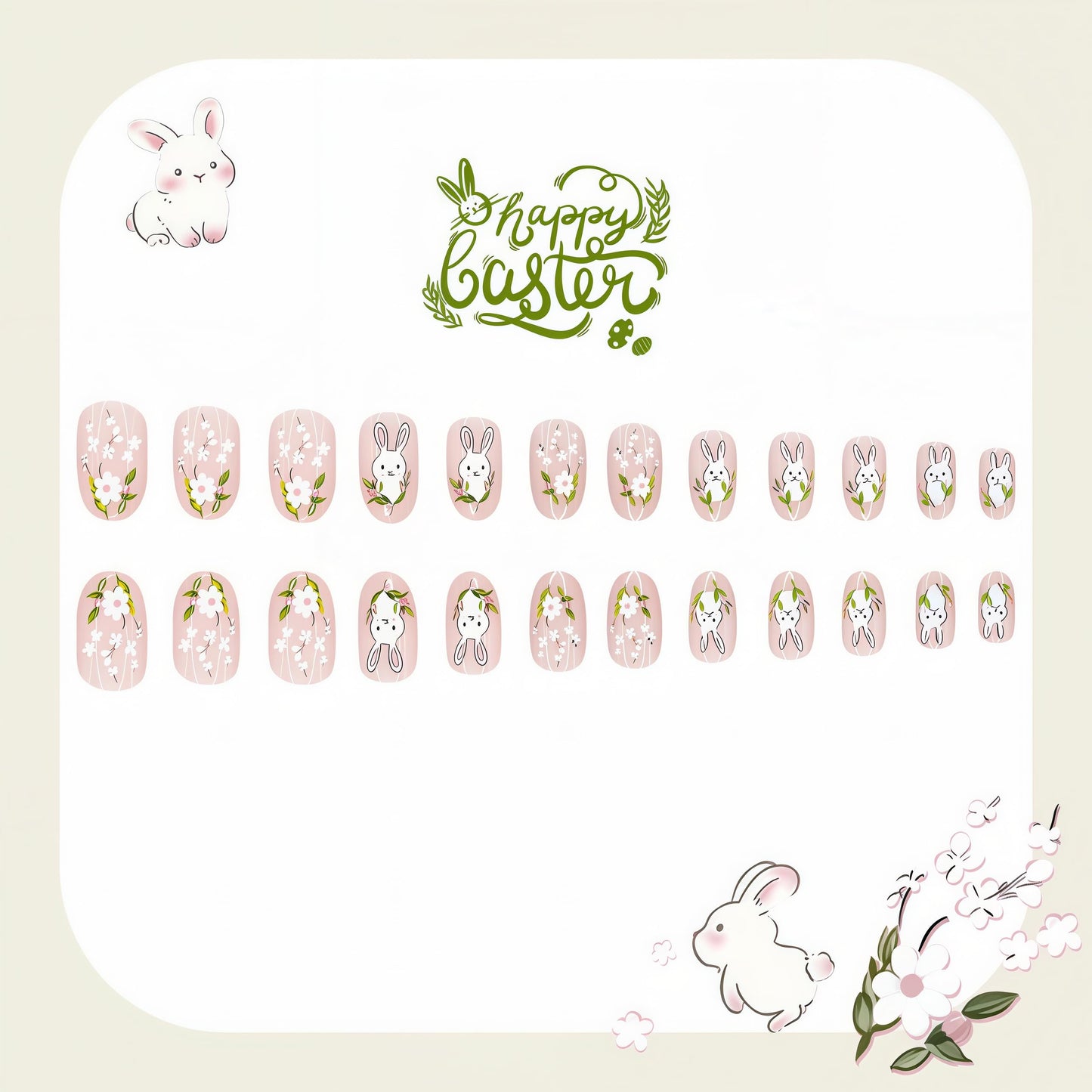 Spring Summer Easter Press on Nails Short Round Fake Nails Cute rabbit False Nails Summer Flowers Rabbit Acrylic Stick on for Women Girls Easter Manicure Decoration 24Pcs