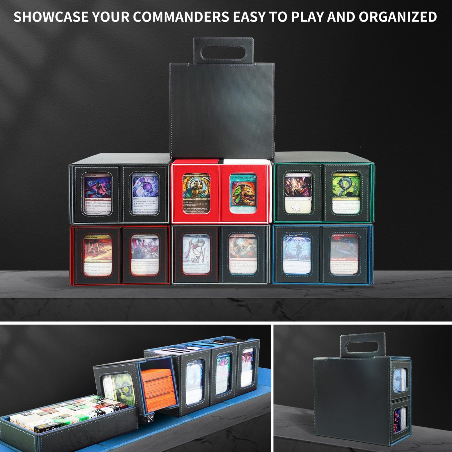 AFIING Commander Deck Box for MTG, Holds 400+ Double-Sleeved Cards, 4 Removable Deck Cases with Display Window, Dice Tray/Handle,Trading Card Storage Organizer/Dividers for TCG (Black Cyan)