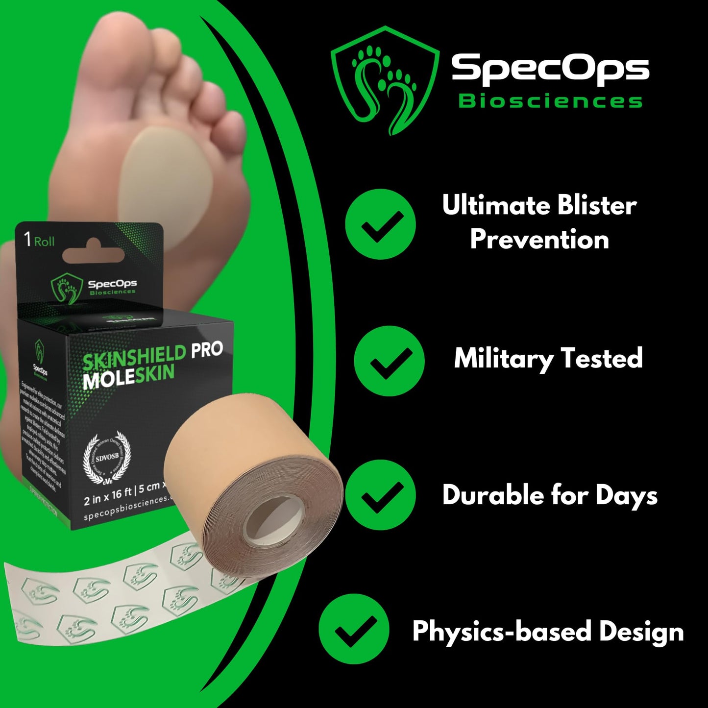 SpecOps Biosciences Trail-Ready Foot Combo – Military-Grade Moleskin + 2 Pairs Merino Wool Blend Socks for Hiking, Rucking & Long Miles