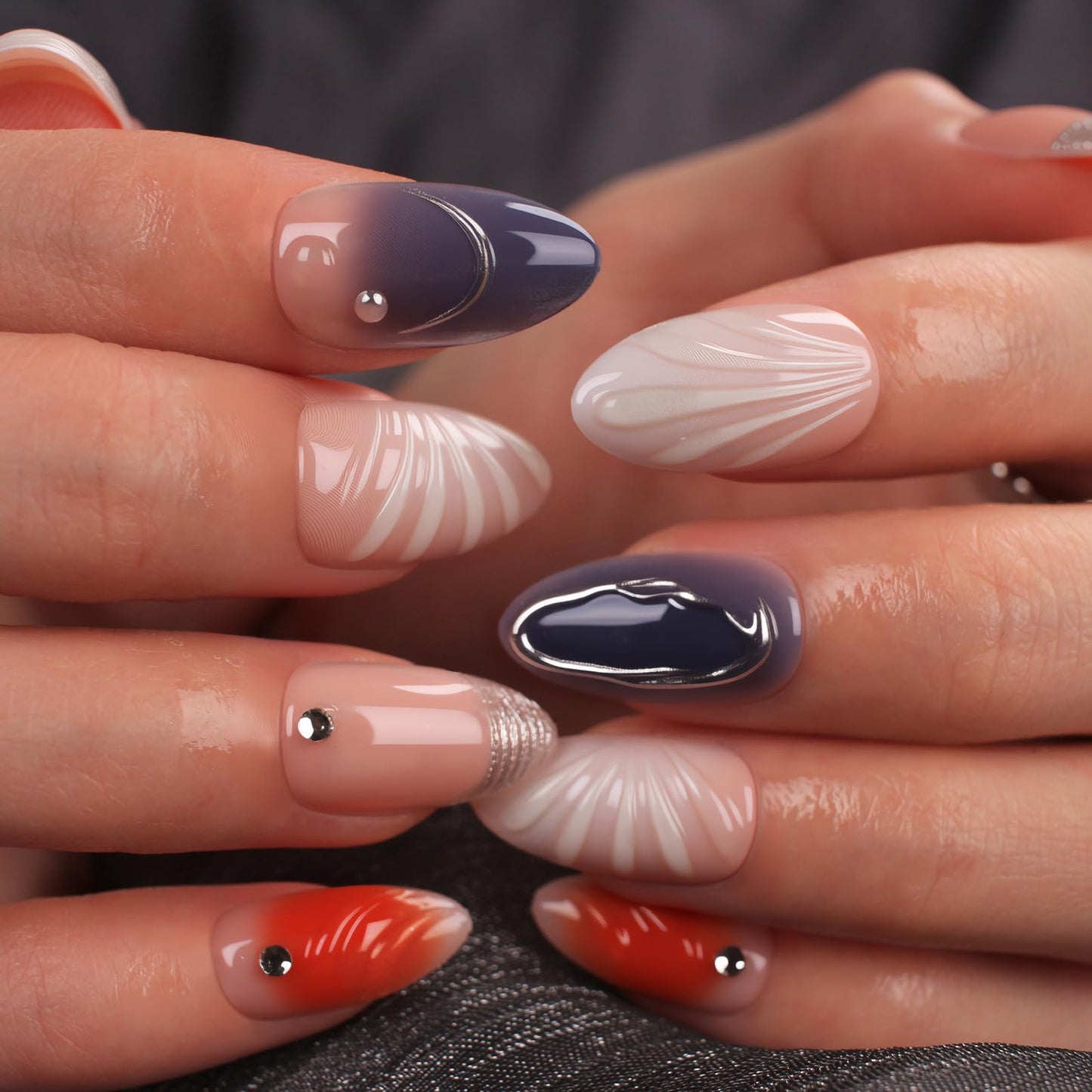 Mivota 3D Nude Almond Press on Nail Short Fake Nails with Silver French Tip False Nails, 3D Silver Lines Design Artificial Acrylic Nail Press ons Reusable Almond Nail Glue on Nails for Women