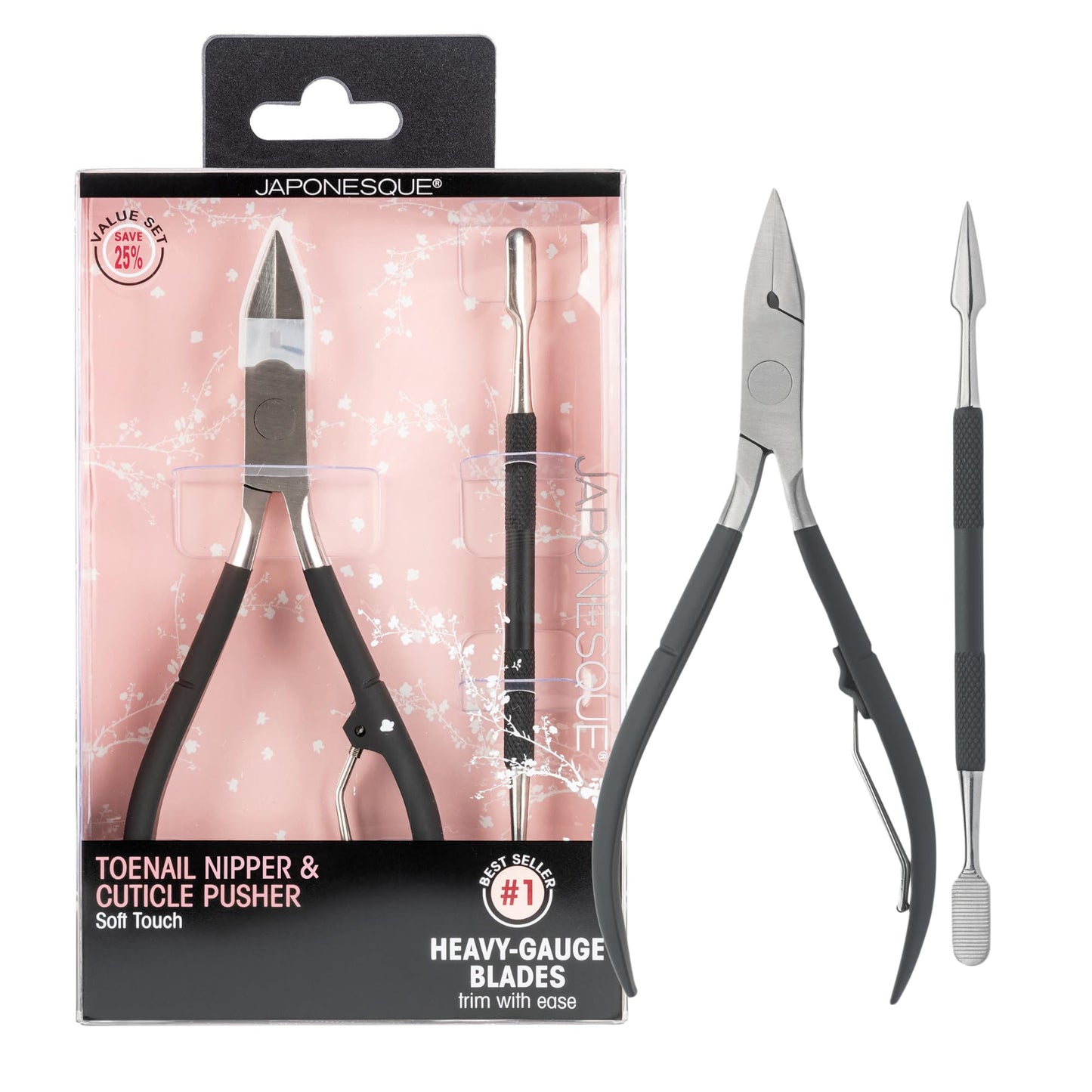 JAPONESQUE Soft Touch Toenail Clipper & Cuticle Pusher Manicure Set for Salon Quality Results, Anti-Slip Grip, Stainless Steel