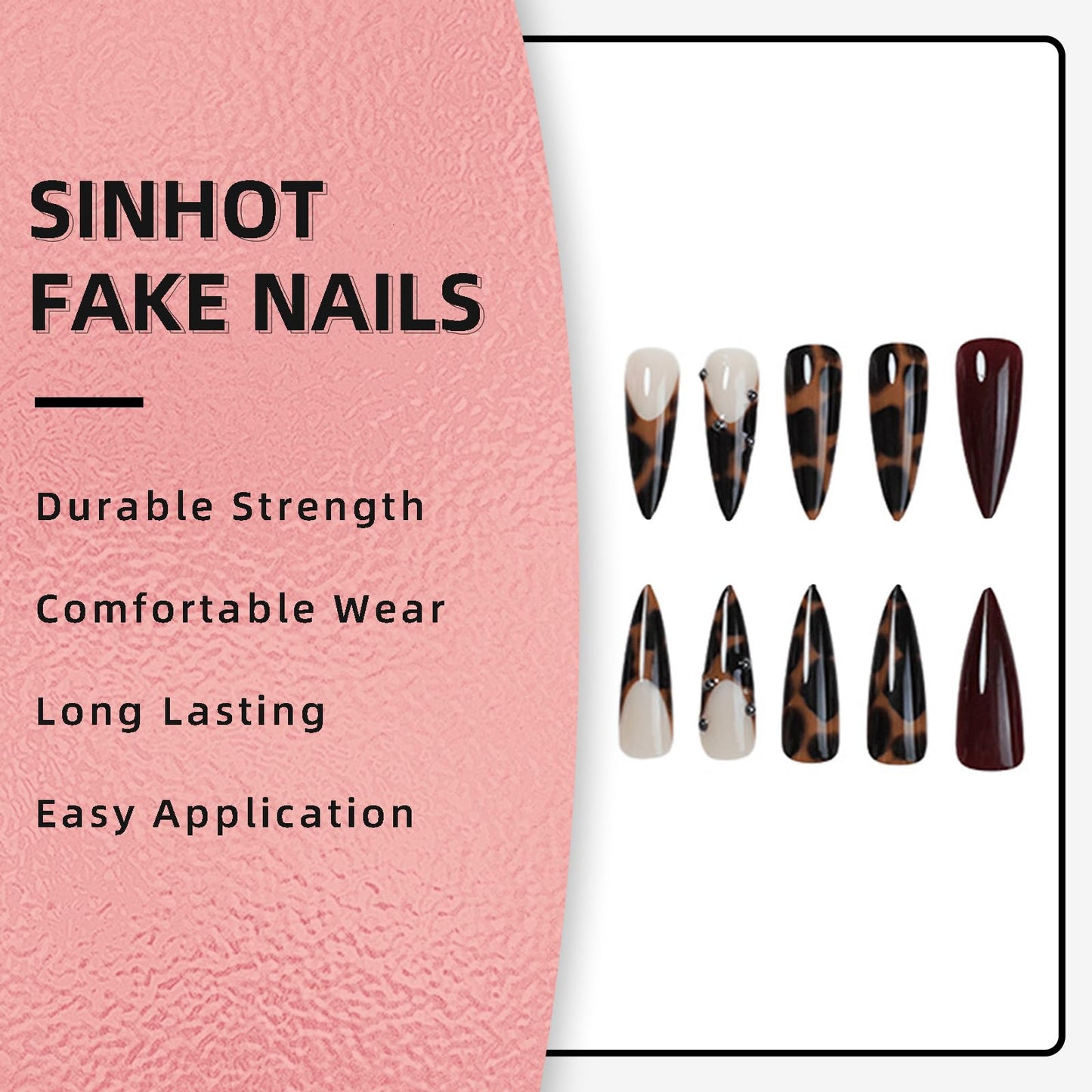SINHOT Stiletto Press on Nails Long Fake Nails - Glossy Finish, Leopard Print & Brown Design, DIY Artificial False Nail Art - 24 Pcs Nail Kit with Glue