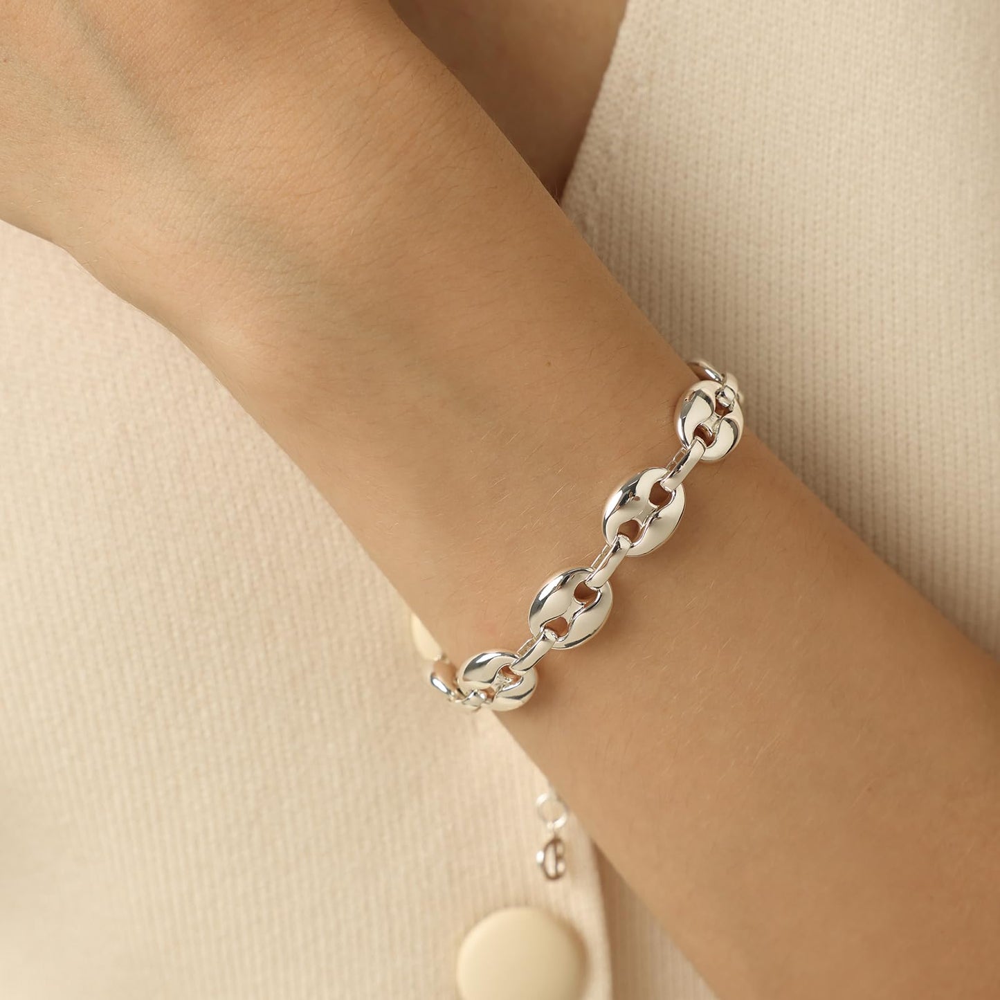 COBI Chunky Bracelets for Women, Paperclip Bracelets, Coffee Bean Chunky Link Bracelet, 18K Gold & Sterling Silver Plated, Stackable Thick Large Punk Jewelry-Coffee Bean Silver