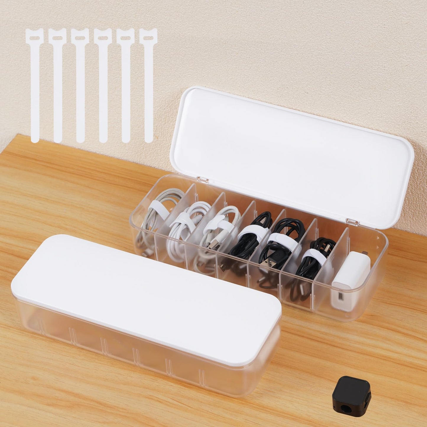 Asonen Cable Organizer Box with 14 Wire Ties and 6 Magnetic Cable Clips, Desktop Cord Management Box with Dividers and Lid for Home Office Storage – White