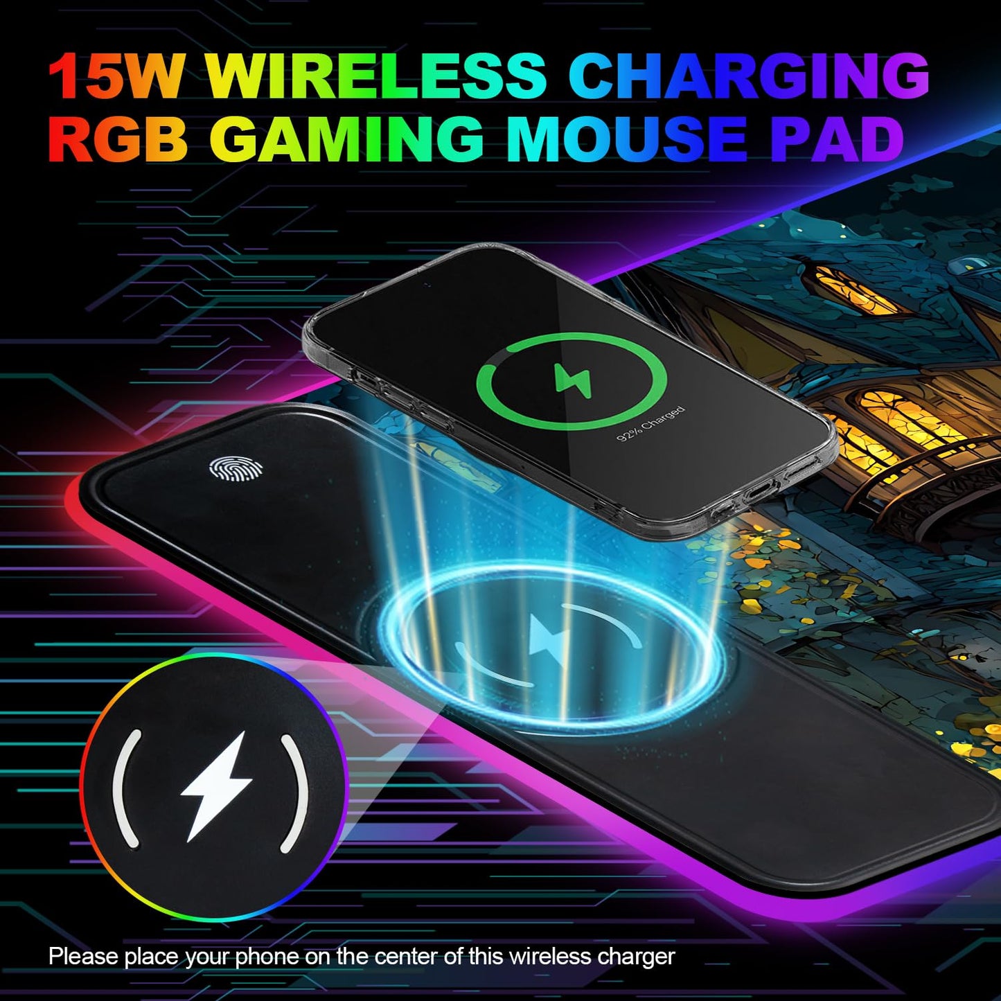 Wireless Charging RGB Gaming Mouse Pad, 31.5 x 11.8 Inch Extended Mouse Mat with Fantasy Castle & Rose Design, LED Desk Pad with 7 Lighting Modes, Non-Slip Base for Gaming & Office