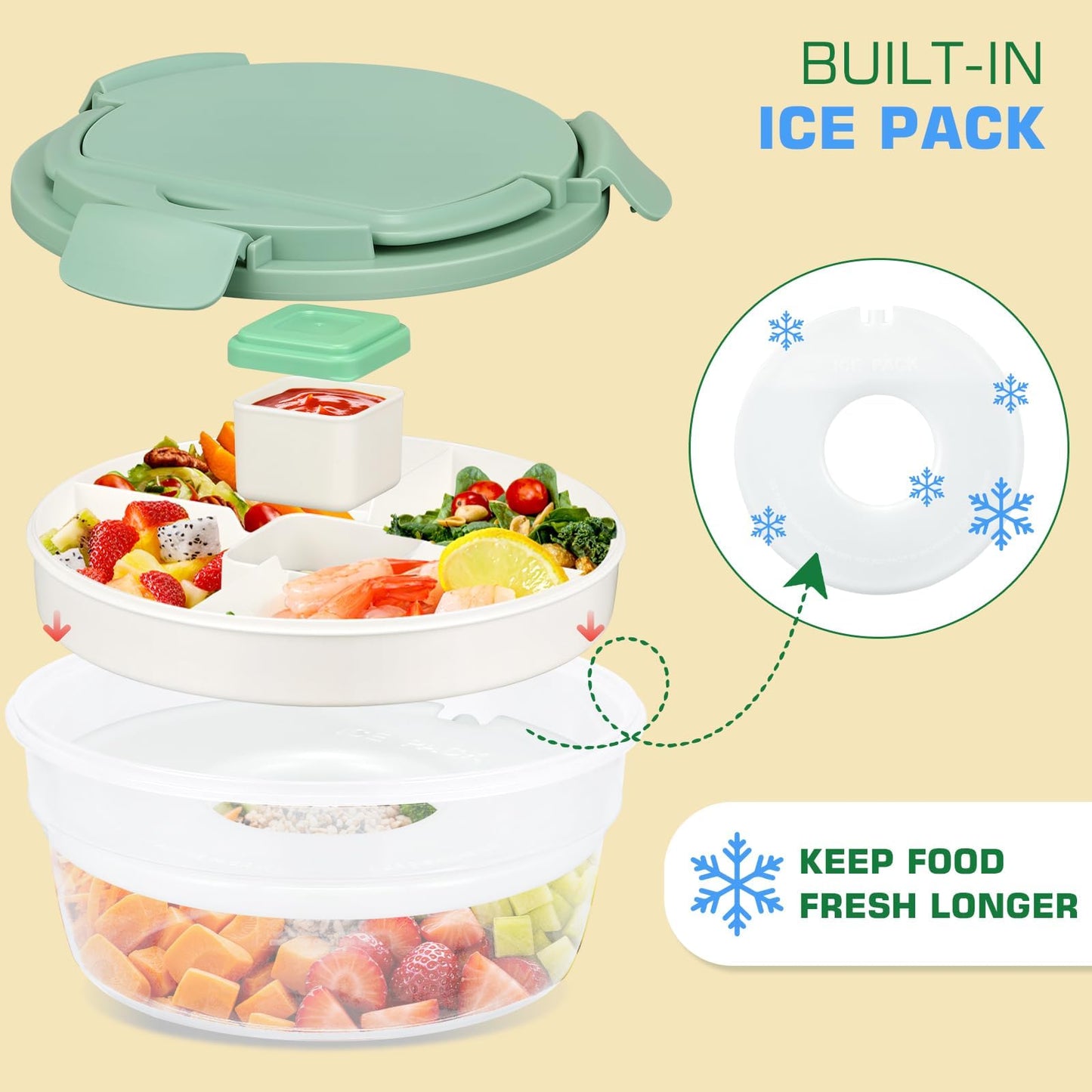 Reeple Salad Container for Lunch, Bento Lunch Box 58-oz with 4 Compartments Tray and Ice Pack, Leak-Proof Salad Bowl with Lid for Adults, BPA-Free Lunch Box for Meal Prep & Food Storage(Green)