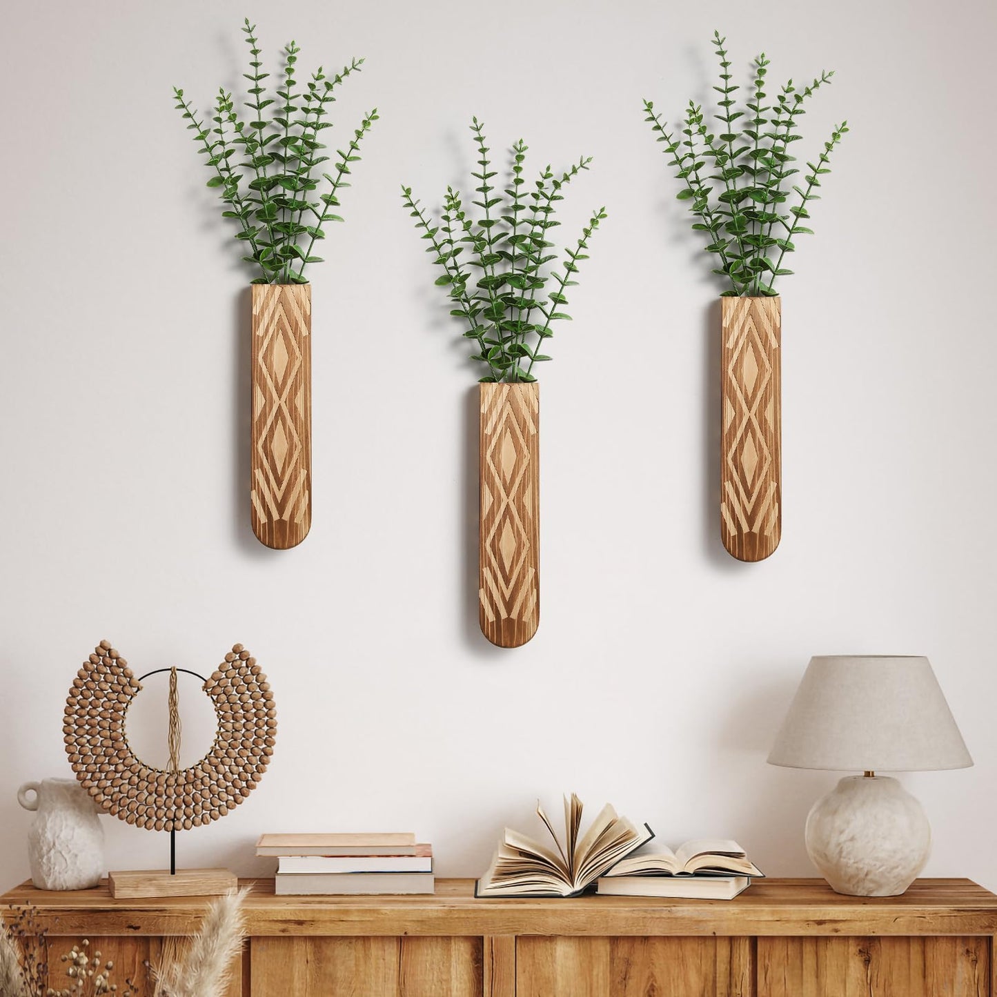 3 Pack Wood Wall Planter, Boho Wall Vase for Hallway Decor and Bathroom Decor, Modern Farmhouse Decor, Wooden Hanging Planter for Holding Dried Flowers and Faux Greenery