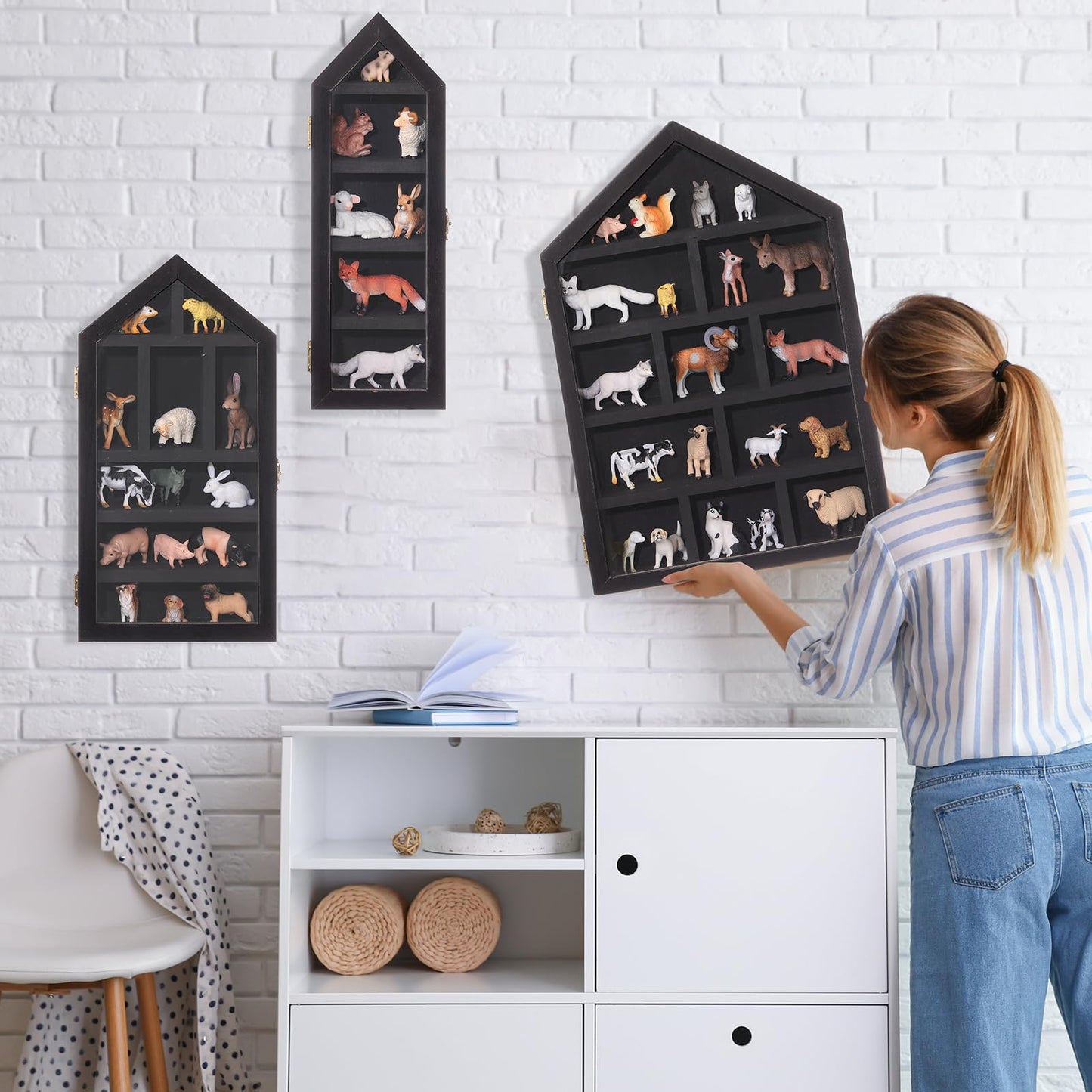 DoubleFill Set of 3 Wooden Trinket Display Shelf Shadow Box with Shelves 10 x 15 Inch Large Wall Mounted Display Storage Mini Figures Curio Trinket Medals Crafts Collections(Black,House Shape)