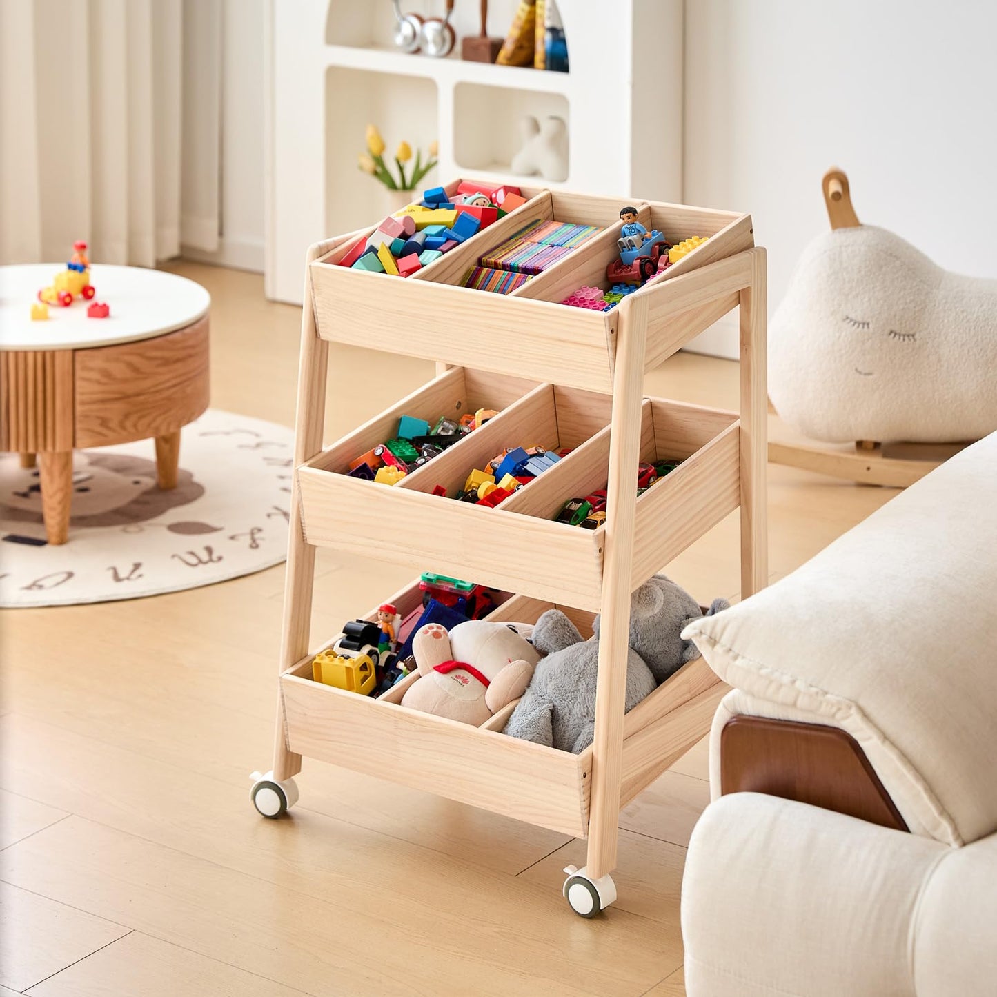 HaoGZMZFCL 3 Tier Wooden Toy Storage Organizer with Wheels for Toy Book Wood Storage Rack Open Display Shelf Kids Gift Natural