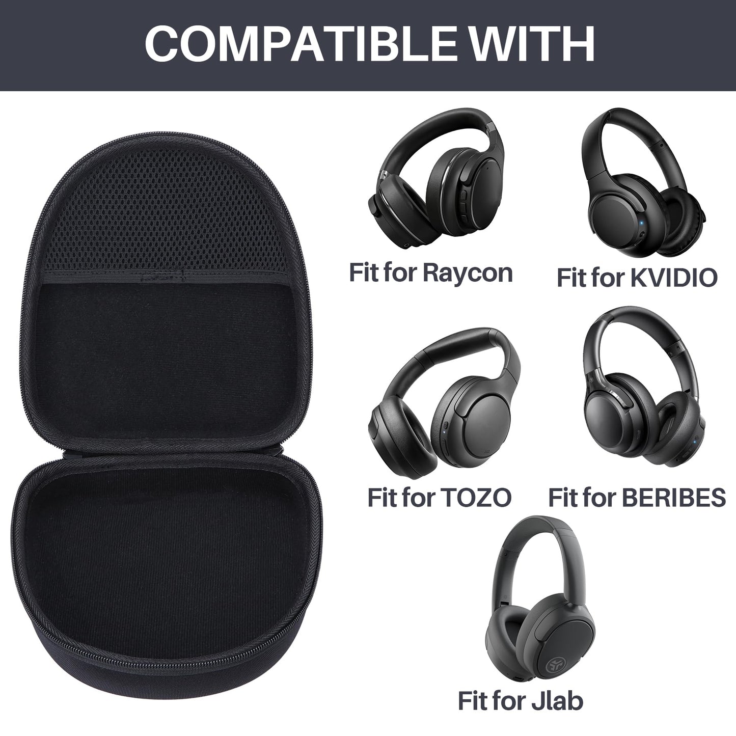 Lebakort Headphone Case Compatible with KVIDIO/TOZO/BERIBES/JLab/Raycon Over-Ear Headphones, Universal Portable Travel Organizer (Black Case)