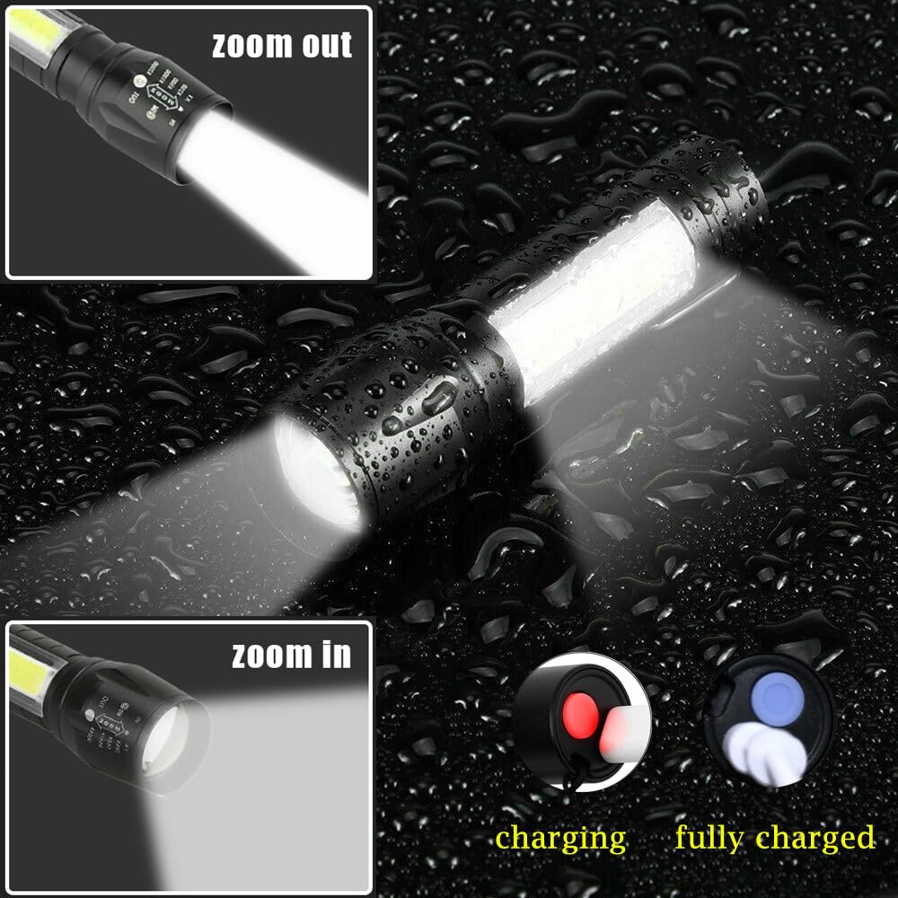 Wrrozz Led Flashlight Rechargeable USB Torch Mini Small Light Super Bright Handheld Tiny Portable Pocket Keychain Flash Light with COB Side Searchlight High Lumens Zoomable Emergency Camping 2 Pack