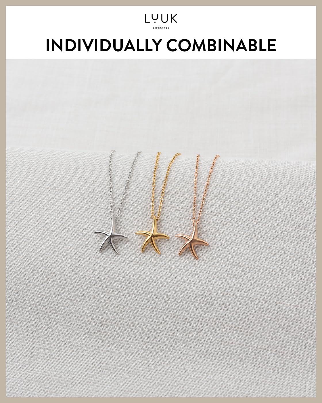LUUK LIFESTYLE Cute Starfish pendant necklace, stainless steel, 14k silver plated, 19in adjustable, waterproof, non-tarnish thin sturdy chain, for beach vacation, with HAPPINESS Gift Card