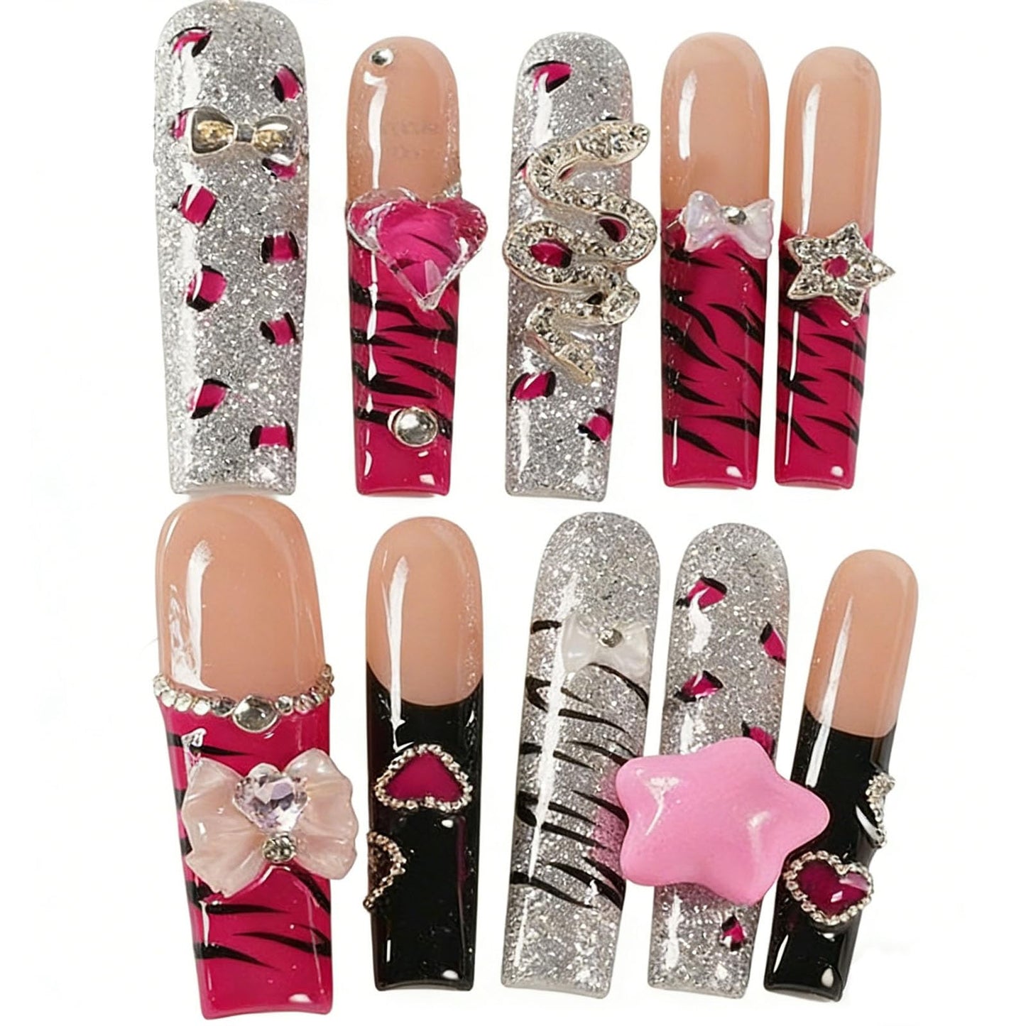 10 Pcs Extra Long Handmade Press on Nails Square Fake Nails with 3D Bow Rhinestones Star Charms Design Red Leopard Print French Tip False Nails Acrylic Wedding Long Press Ons Nails for Women - M Size