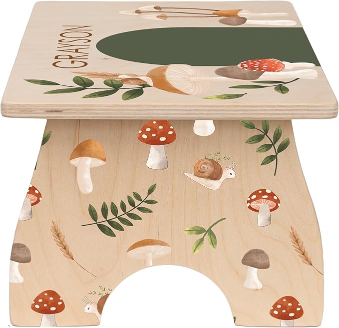 Step Stool for Toddlers- Personalized Wood Kids Step Stool with Name for Kitchen Sink, Bathroom, Potty Training, Toilet, Kitchen Sink- Sturdy and Safe- Made in USA by BloomOwl (Mushroom)