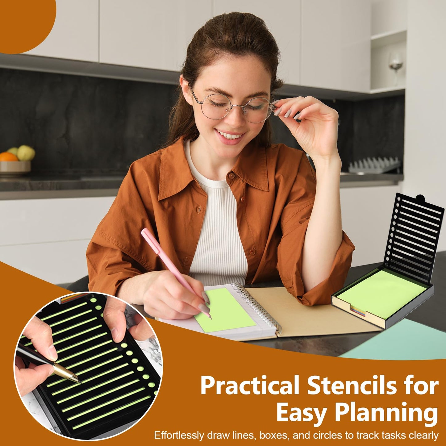 4" x 6" Sticky Notes Stencil and Holder Set with 5 Planner Stencils 100 Sheet Self-Stick Sticky Notes Black Acrylic Post It Note Stencil Holder Memo Organizer for Classroom Office Desk Organizer