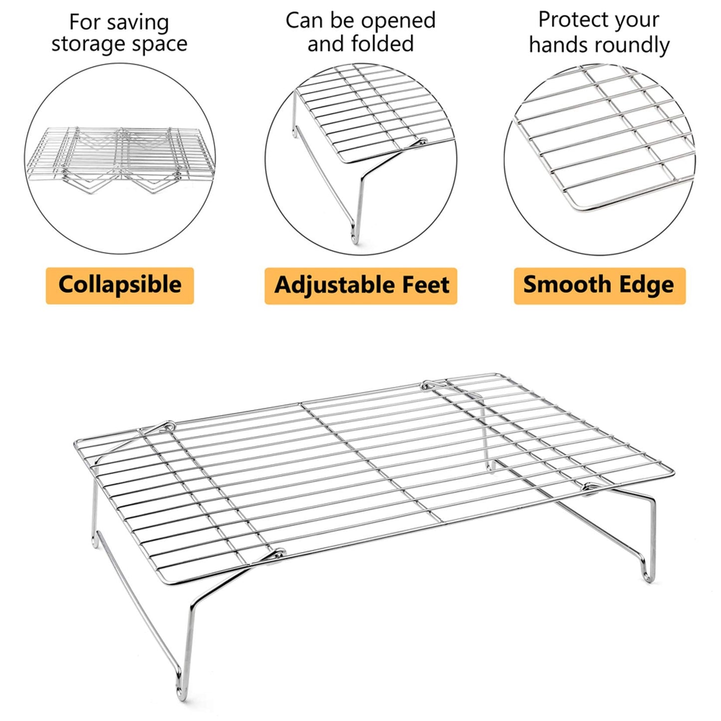 P&P CHEF Cooling Rack Set of 2, 2-Tier Stackable Stainless Steel Wire Racks for Baking Cooking Cooling Roasting, Collapsible & Heavy Duty, Oven Safe & Easy Clean, 15" x 10", Silver