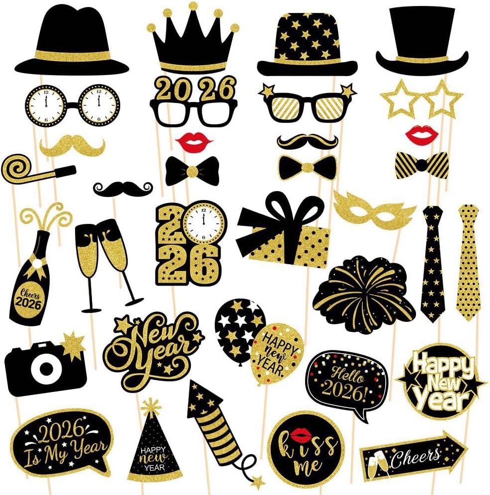 New Year’s Photo Booth Props 2026 – Pack of 35, Nye | Eve Party Supplies Happy Year Decorations