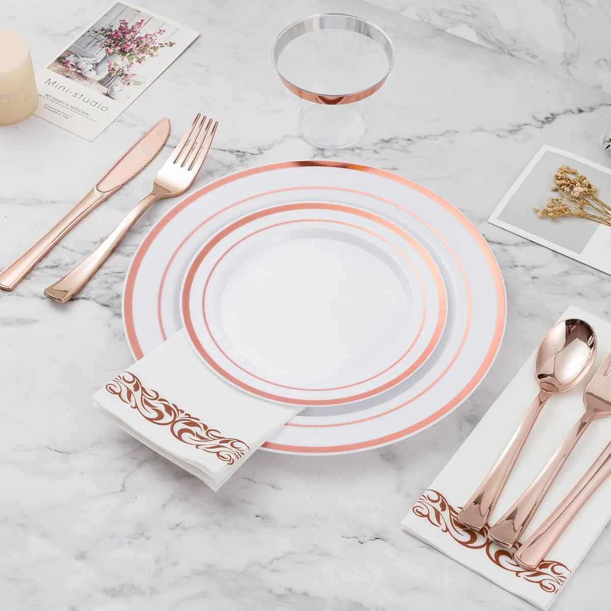 BESTVIP 175PCS Rose Gold Disposable Dinnerware Set for 25 Guests, Plastic Plates for Party, Wedding, Christmas, Halloween, Include: 50 Plastic Plates, 25 Rose Gold Silverware, 25 Cups, 25 Napkins