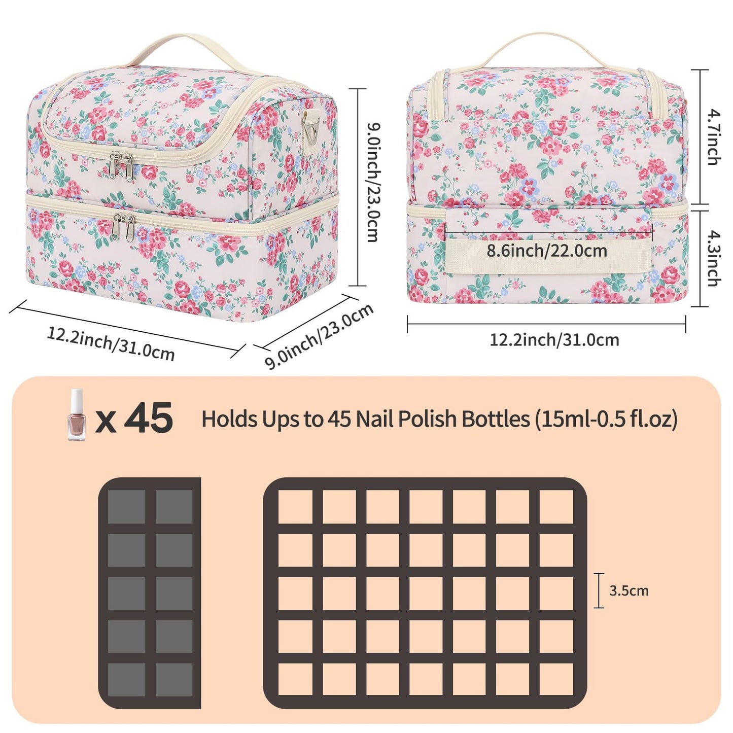 CUBETASTIC Nail Polish Organizer, Nail Supplies Storage Case Holds 45 Bottles Nail Polish & Nail Lamp, Travel Nail Tech Carrying Bag, Nail Kit Bag For Nail Stuff & Manicure Tools
