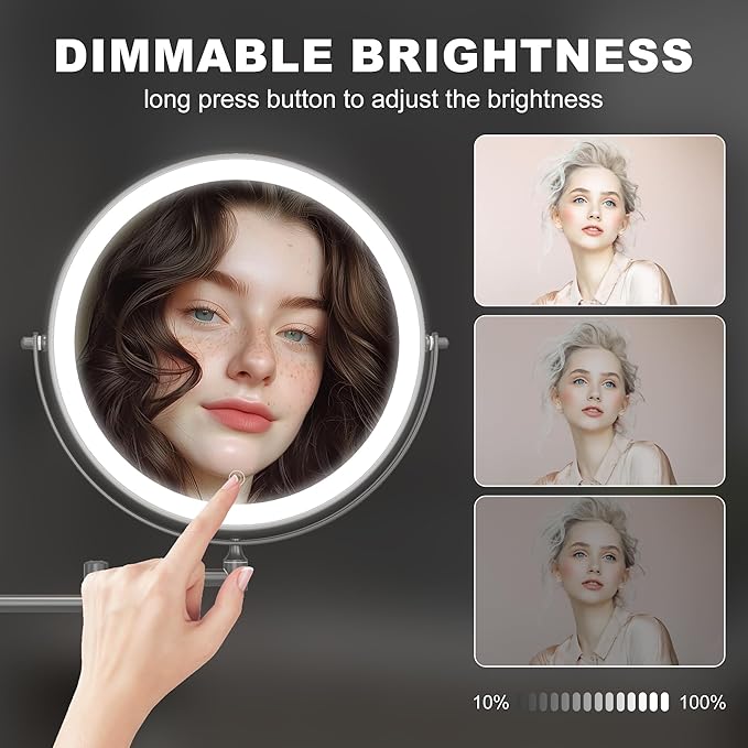 Hasipu 8.5-Inch Wall Mounted Makeup Mirror with Magnification, Rechargeable 2000 mAh Vanity Mirror with Lights, Bathroom Mirror with Dimmable Brightness, 3 Lighting Modes, Extendable Arm, Black