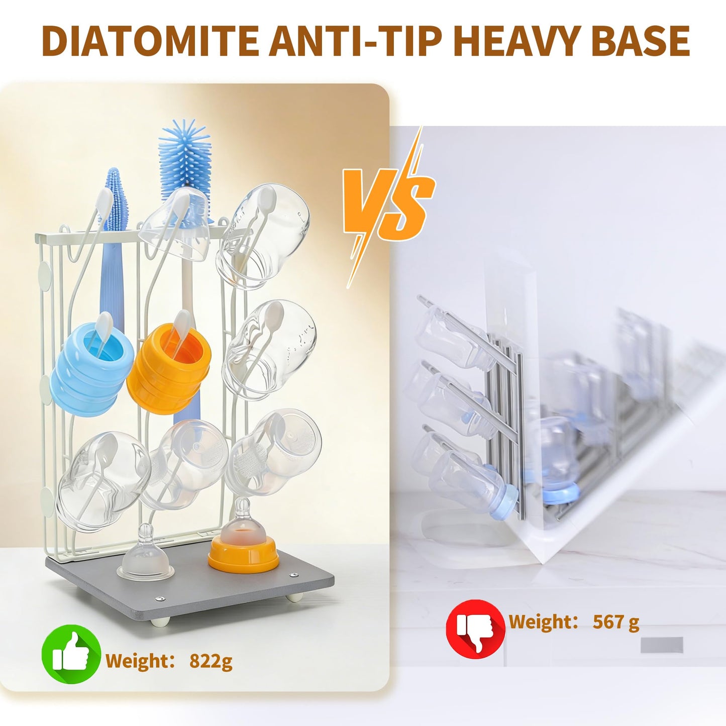 Taozun Bottle Drying Rack with 9 Hooks, Quick-Dry Diatomite Base with Stainless Steel Cup Stand, Vertical Space Saving Countertop Baby Organizer