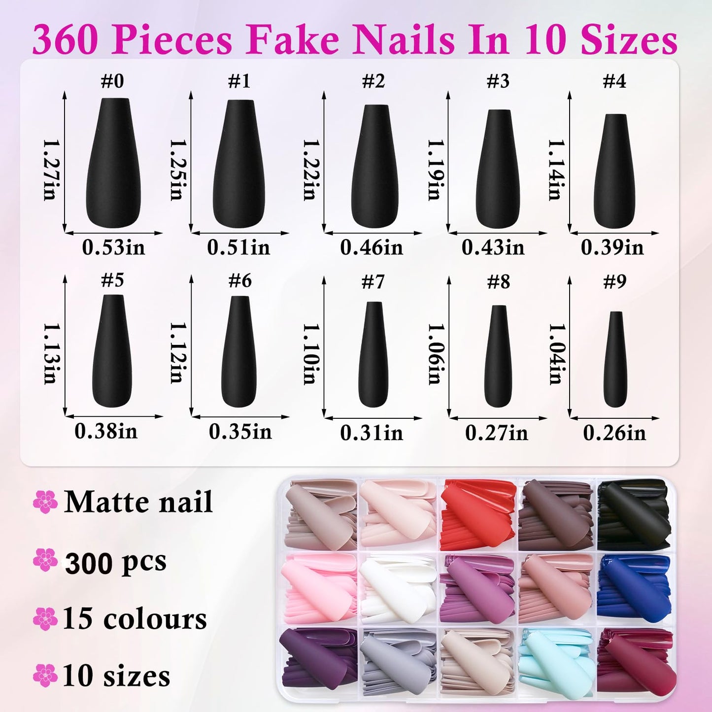 LoveOurHome 300PC Matte Coffin Press on Nails Long Fake Nail Kit, Glue on Nails Press ons Nail Medium Ballerina Acrylic Nails Tips Press-on Nails Coffin Artificial Fingernail Full Cover False Nails