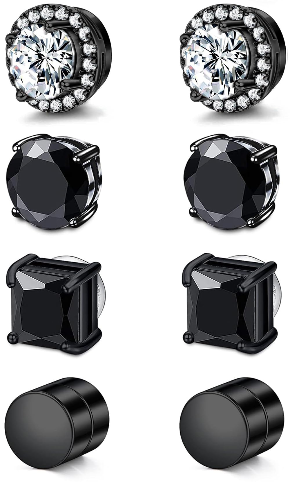 SIISPRI Magnetic Stud Earrings for Women Men, Non-piercing CZ Halo Studs, Hypoallergenic 18K Gold Plated Surgical Steel Clip on Stud Earrings Set for Sensitive Ears (Black Tone-Set)