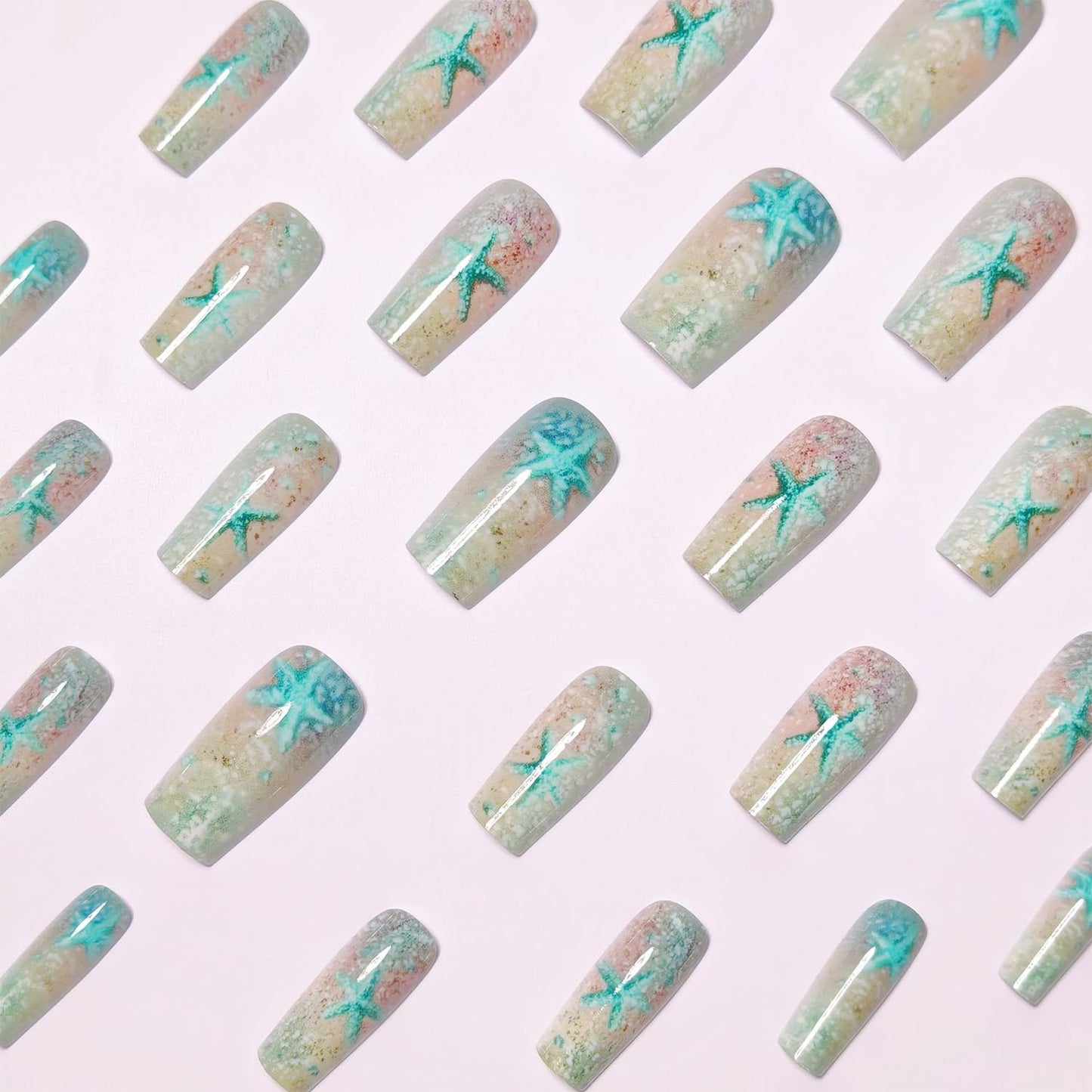 LOPMNGHT Press on Nails Medium Square Nails Artificial Acrylic Fake Nail Light Blue Starfish with Glitter Powder Design Glossy Stick on Nail Full Cover Reusable Coffin Fingernails for Women 24Pcs
