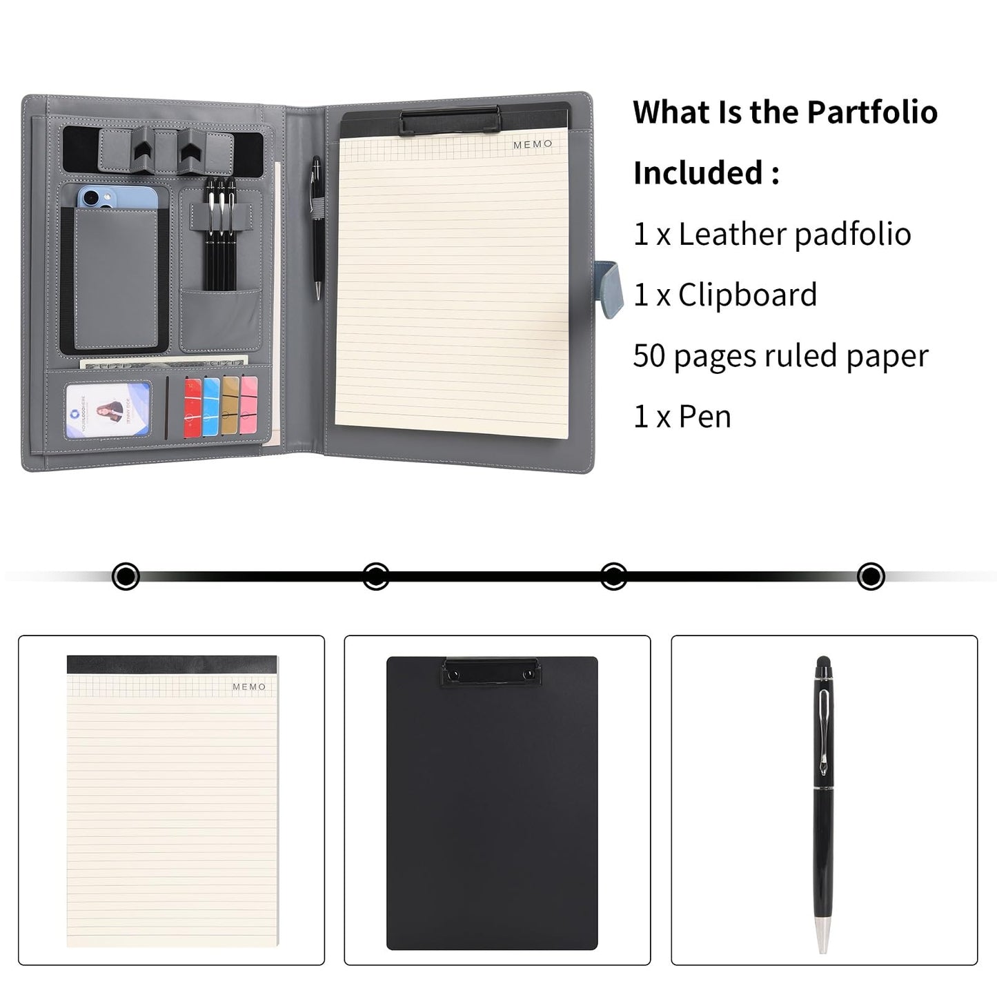Wason Portfolio Padfolio A4 Leather PU Folder File Document Holder Case with Writing Pad Removable Clipboard Card Stationary Case Phone Tablet Stand for Organizer Office Travel School (Red Wine)