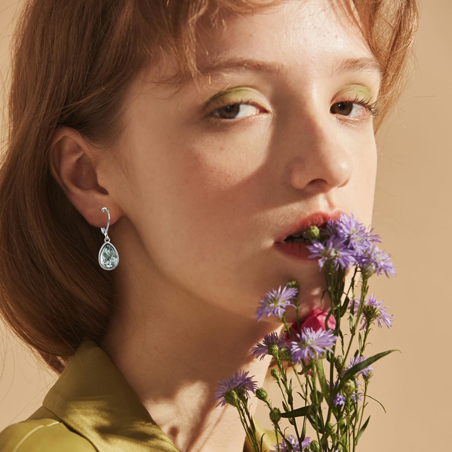 TALYKONG Moss Agate Earrings for Women Gem Dangle Leverback Earrings Moss Agate Jewelry for Women