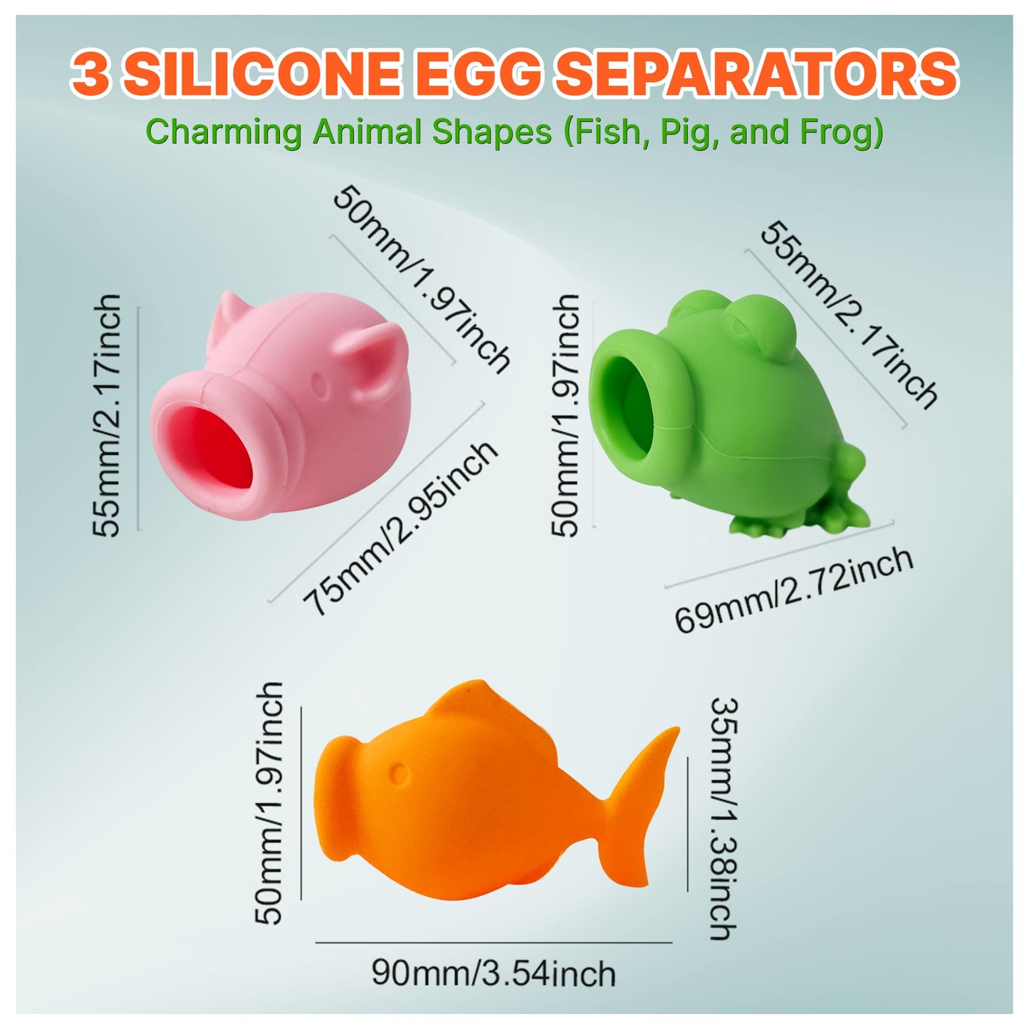GEGERO Egg Yolk Separator, Food Grade Silicone, Dishwasher Safe Kitchen Gadget for Cooking/Baking. Swallow and Release Raw Egg Yolk from White, Quick & Mess-free, Pack of 3 (Pig, Fish & Frog Design)