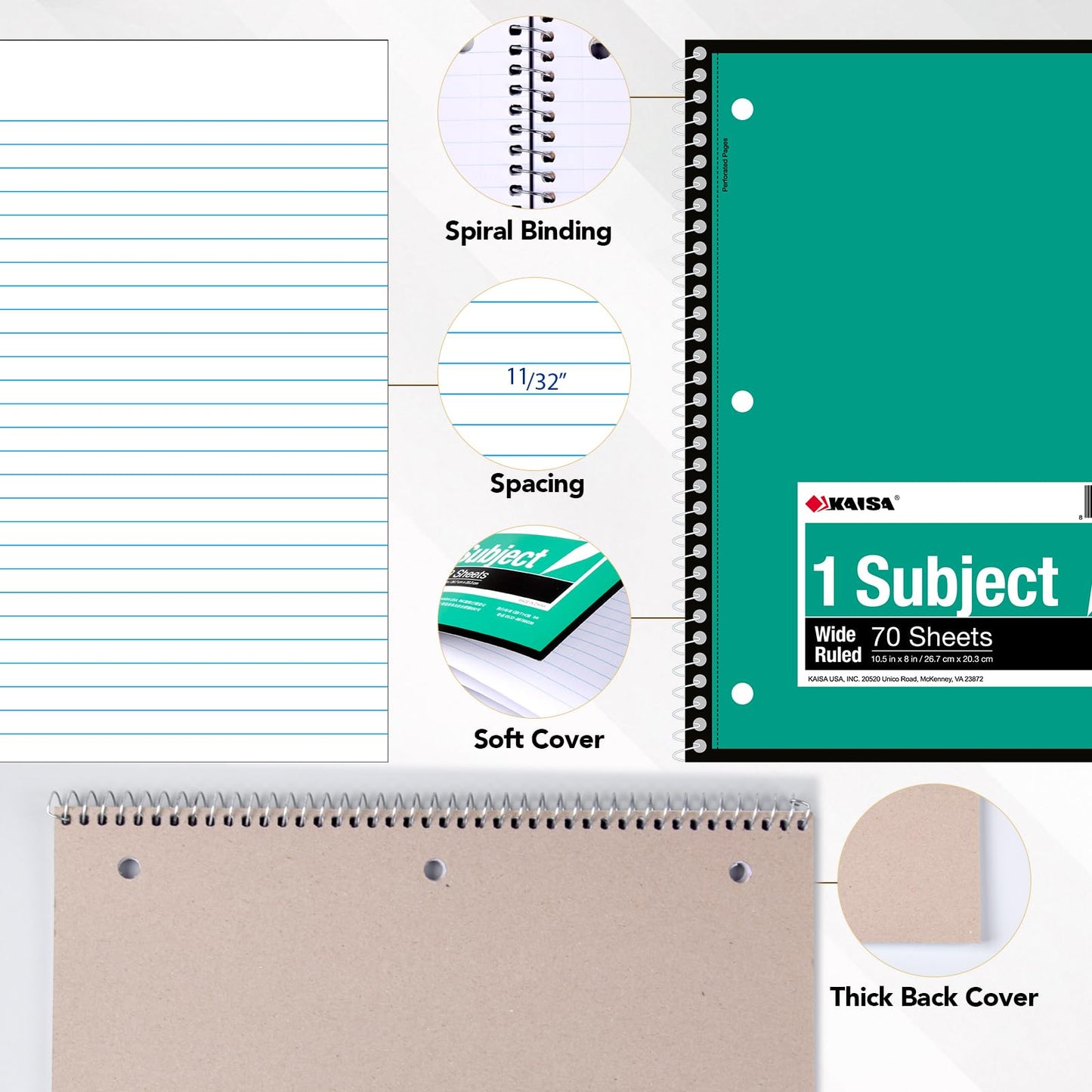 KAISA 1-Subject Wirebound Notebook Spiral Note Book, 8x10.5inch Wide Ruled 70sheets/pad Wire Notebooks Office School Supplies for Students Office, Pack of 6Pads, S07001W