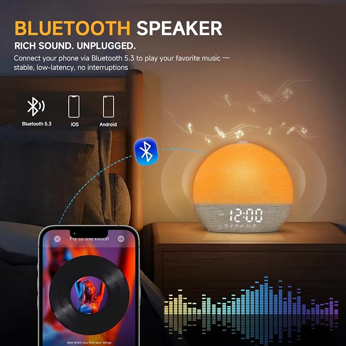 Geuuap Sunrise Alarm Clock White Noise Machine with Bluetooth Speaker,Khaki | 30 Soothing Sounds, 17 Dimmable lights, Simulated Sunrise, Backup Battery Memory, Auto-off Sleep Timer, Screen-Free Design