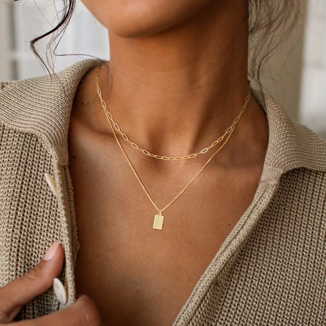 MFRYK Gold Necklaces Stack For Women,14K Gold Plated Simple Layered Choker Necklaces,Stackable Multilayer Gold Small Square Pendant Box Paperclip Chain Layered Necklaces Set Jewelry Gift for Women