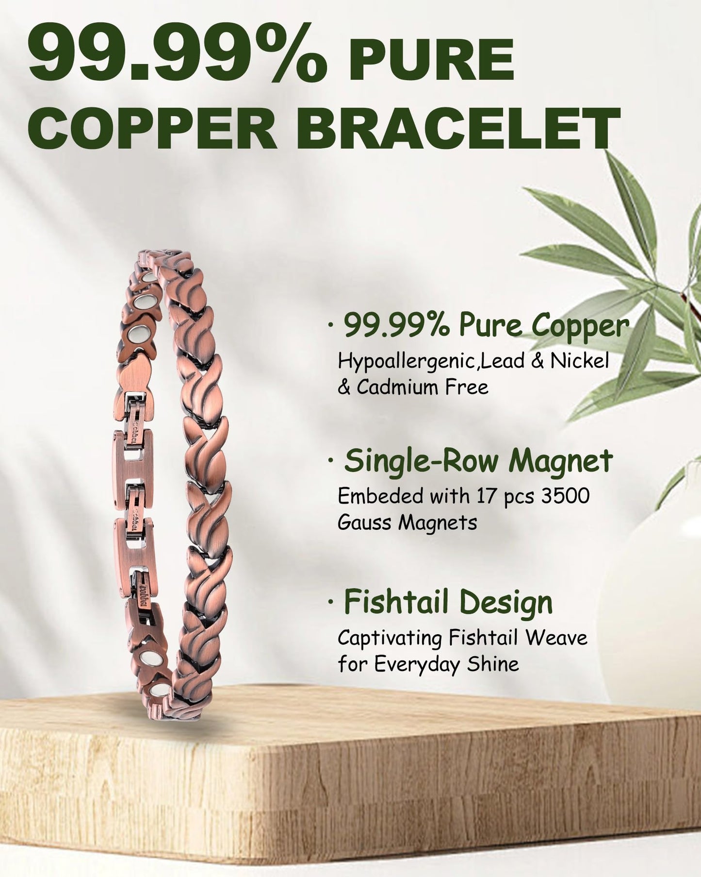 MagEnergy Copper Bracelet for Women, 99.99% Pure Solid Copper Bracelet with 3500 Gauss Magnetic, Adjustable, Jewelry Gift (Copper-Fishtail+Ring)